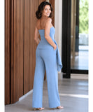 Women's tailored halter top and pants set in light blue, full-length view
