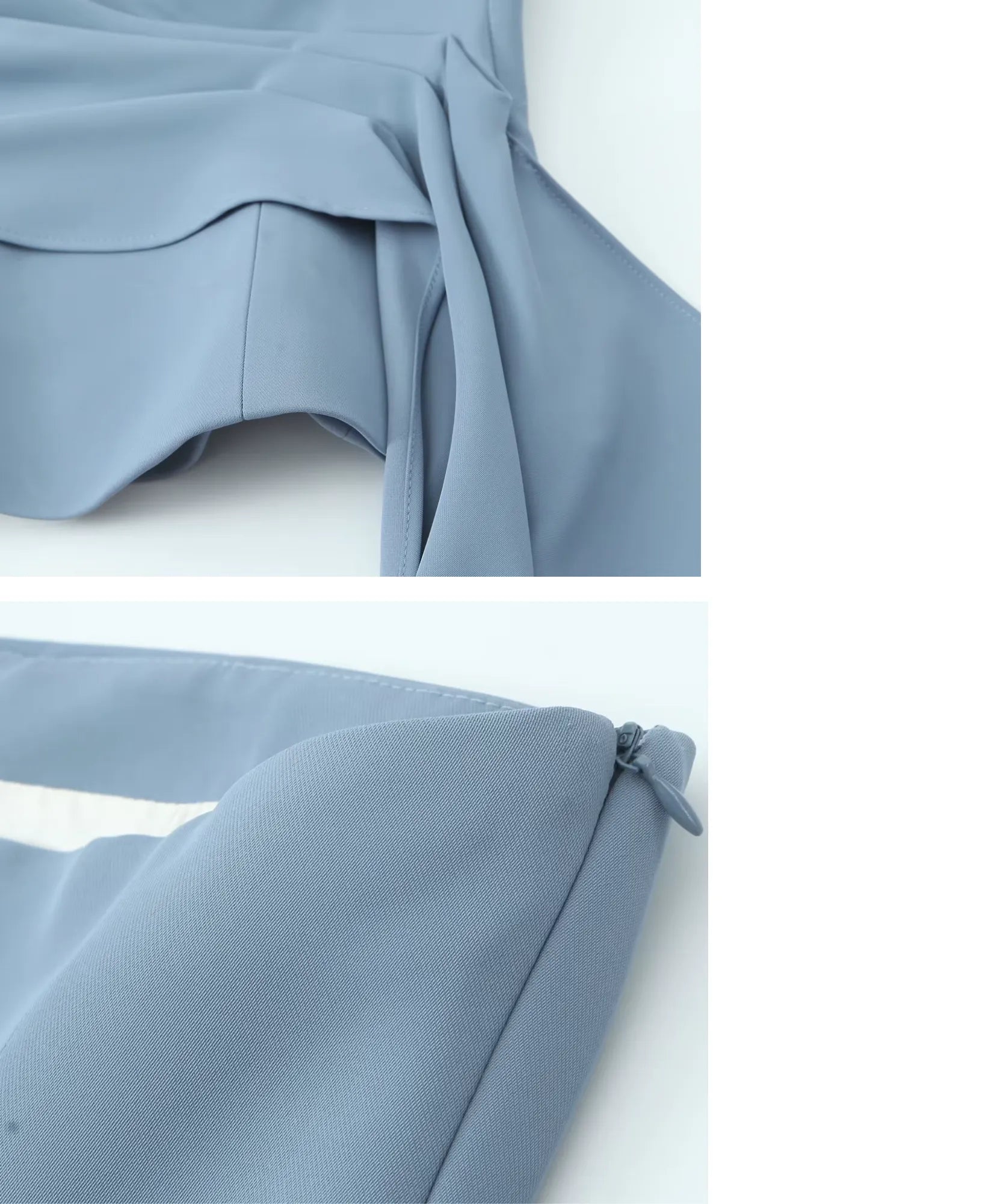 Women's tailored halter top and pants set in light blue, close-up of the side tie