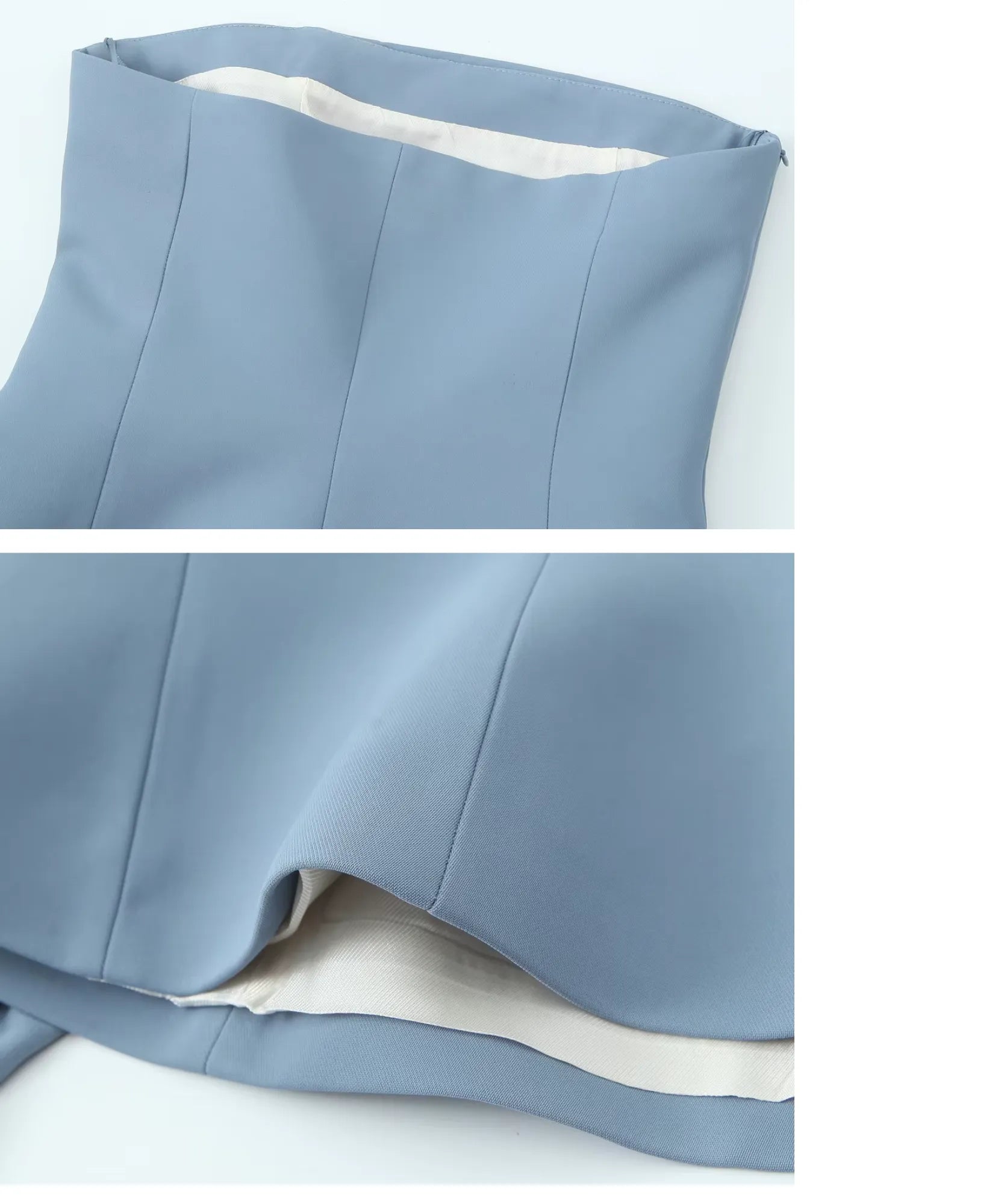 Women's tailored halter top and pants set in light blue, trouser detail