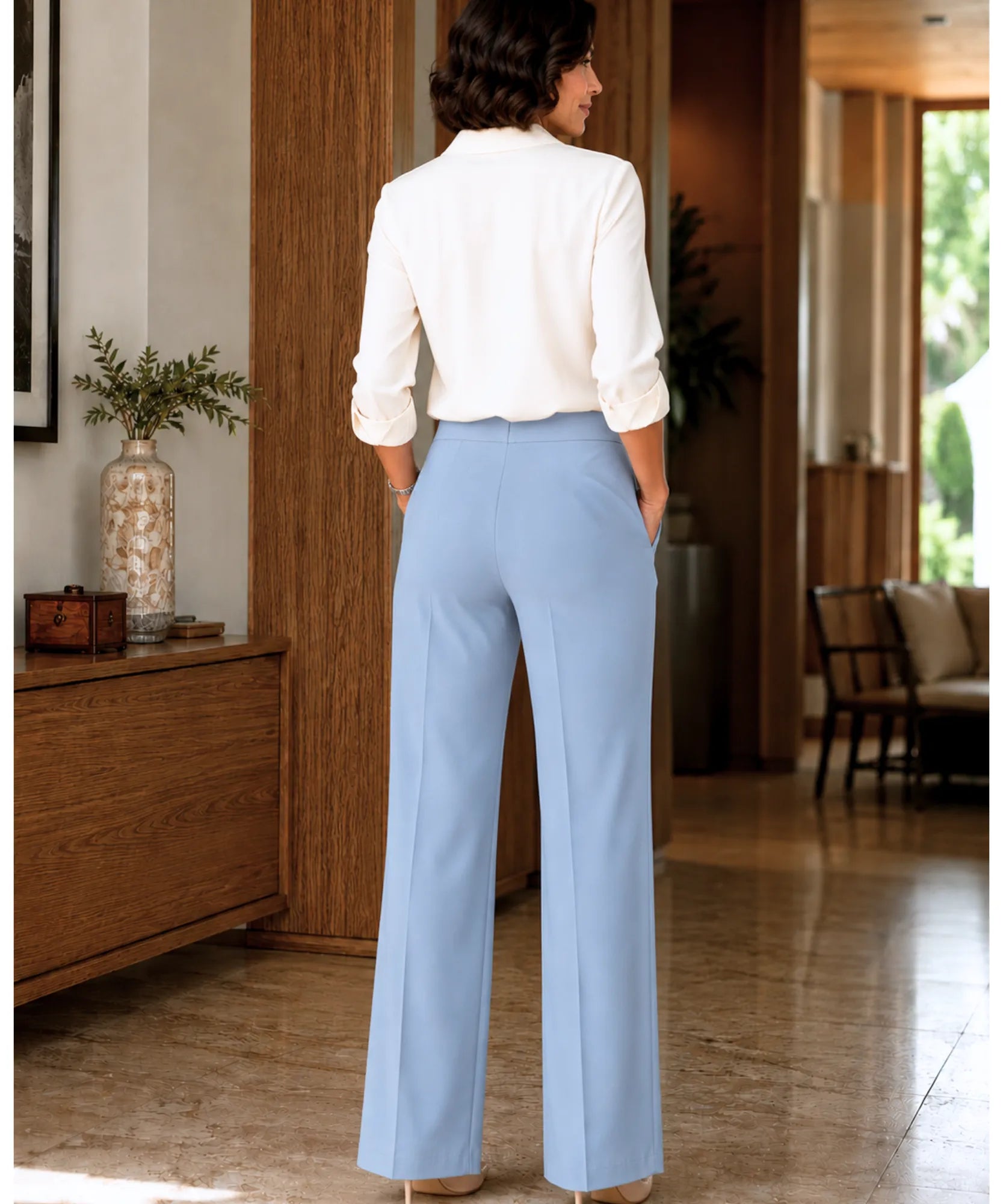 Women's tailored halter top and pants set in light blue, side view