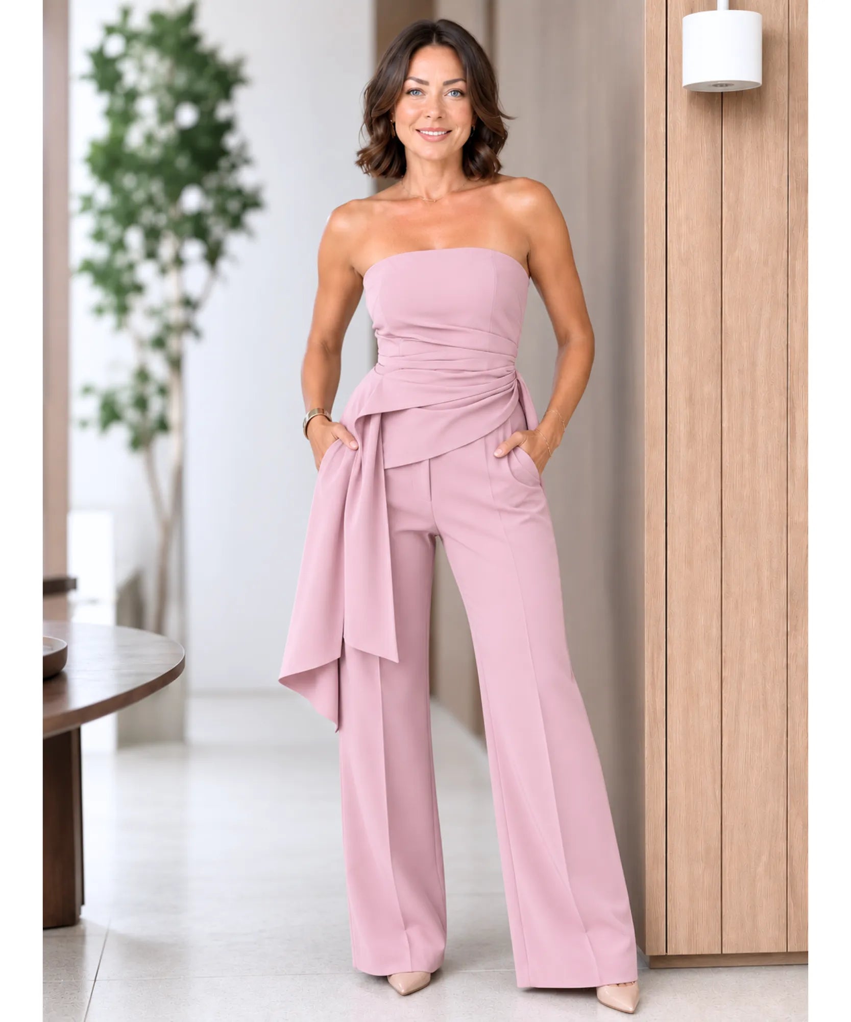 Women's tailored halter top and pants set in pink