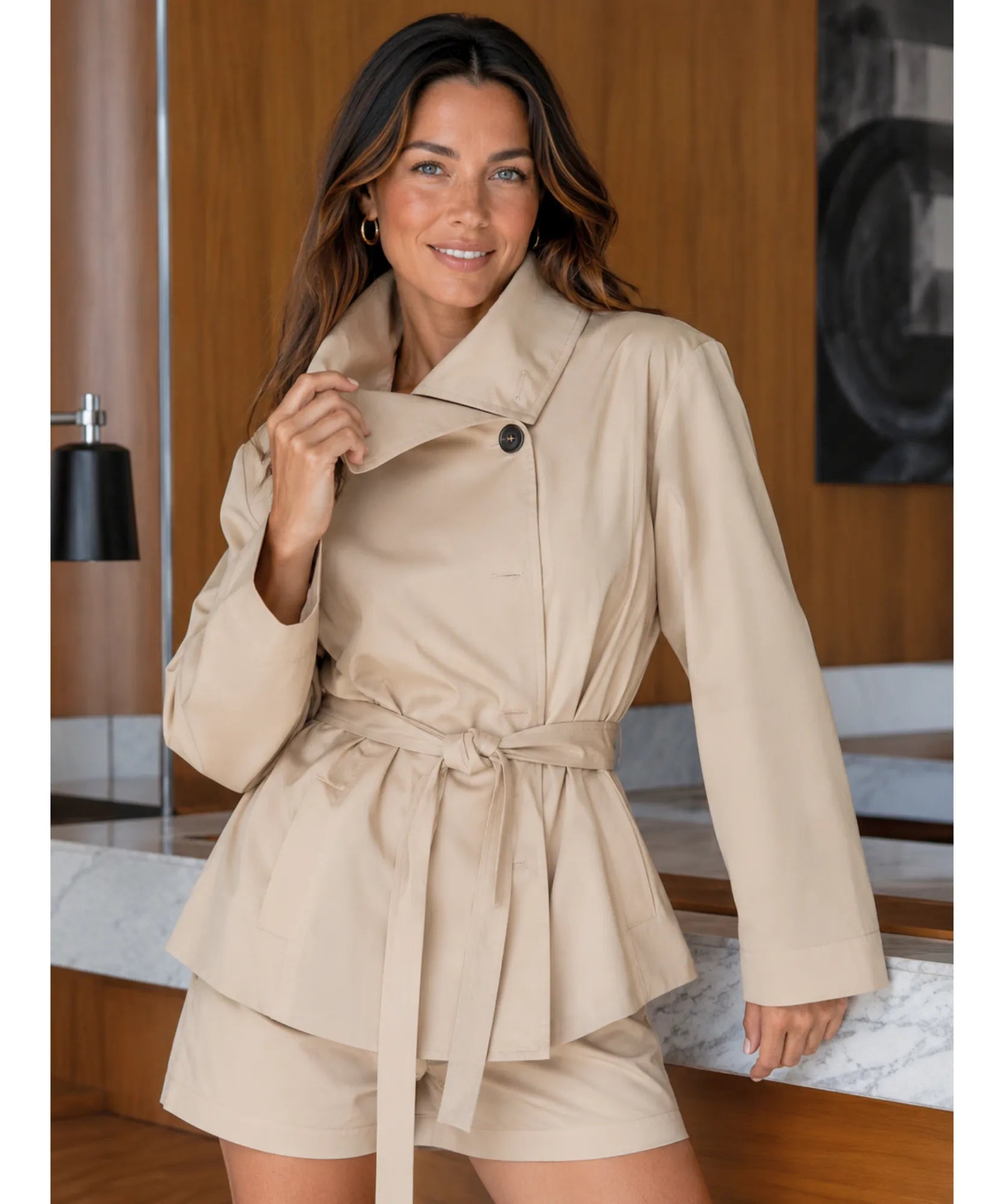 Women's beige belted blazer and shorts set, front view