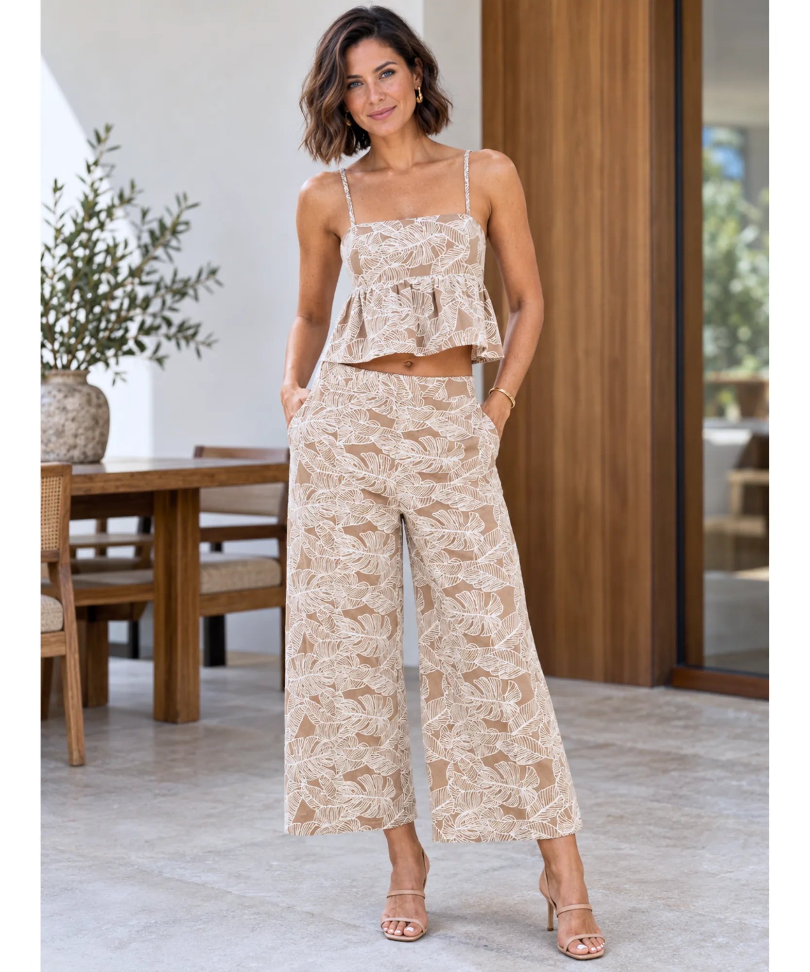 Women's embroidered crop top and pants set, full-length view