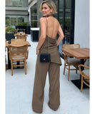 Women’s Tailored Linen Look Set with High Neck Top and Pants | Biah