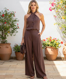 Women's Halter Top and Wide Leg Pants Set Brown | Bia