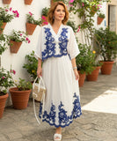 Comprar conjunto feminino bordado azul blusa manga morcego saia plissada midi viscose elegante versátil em promoção ZARA