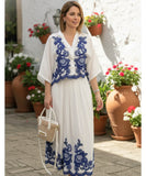 Comprar conjunto feminino bordado azul blusa manga morcego saia plissada midi viscose elegante versátil em promoção ZARA