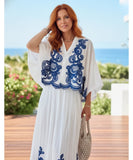 Comprar conjunto feminino bordado azul blusa manga morcego saia plissada midi viscose elegante versátil em promoção ZARA