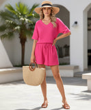 Comprar conjunto feminino linho blusa manga curta short ajustável verão casual barato ANELLIMN
