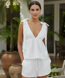 Comprar conjunto feminino linho blusa amarração short cintura alta verão casual elegante em promoção ZARA