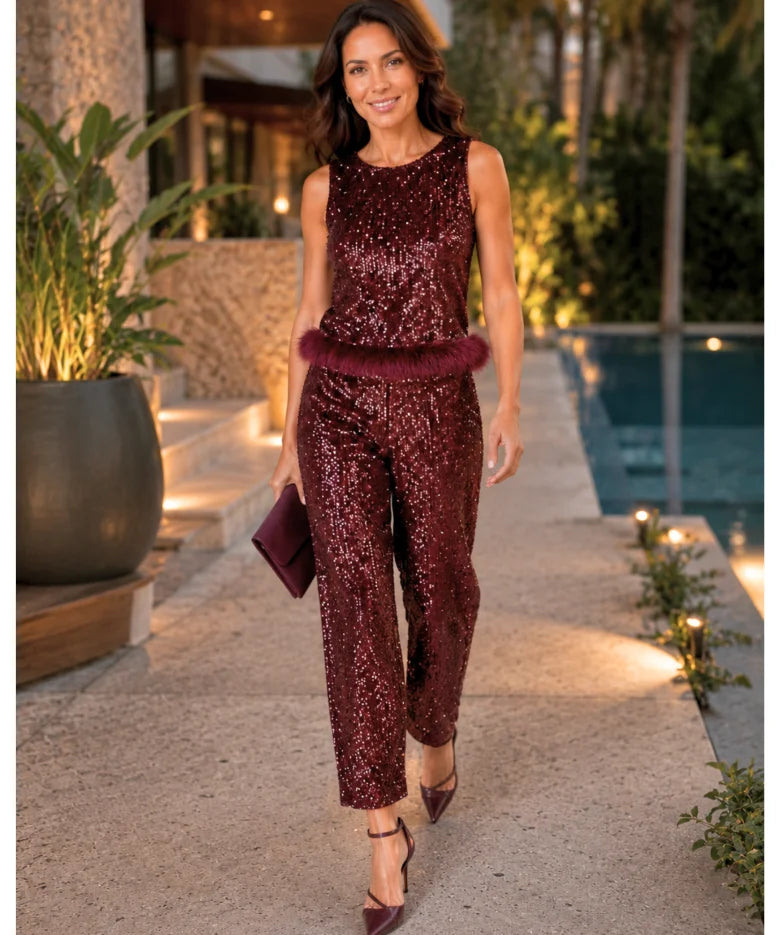 Women's sequin crop top and pants set in burgundy