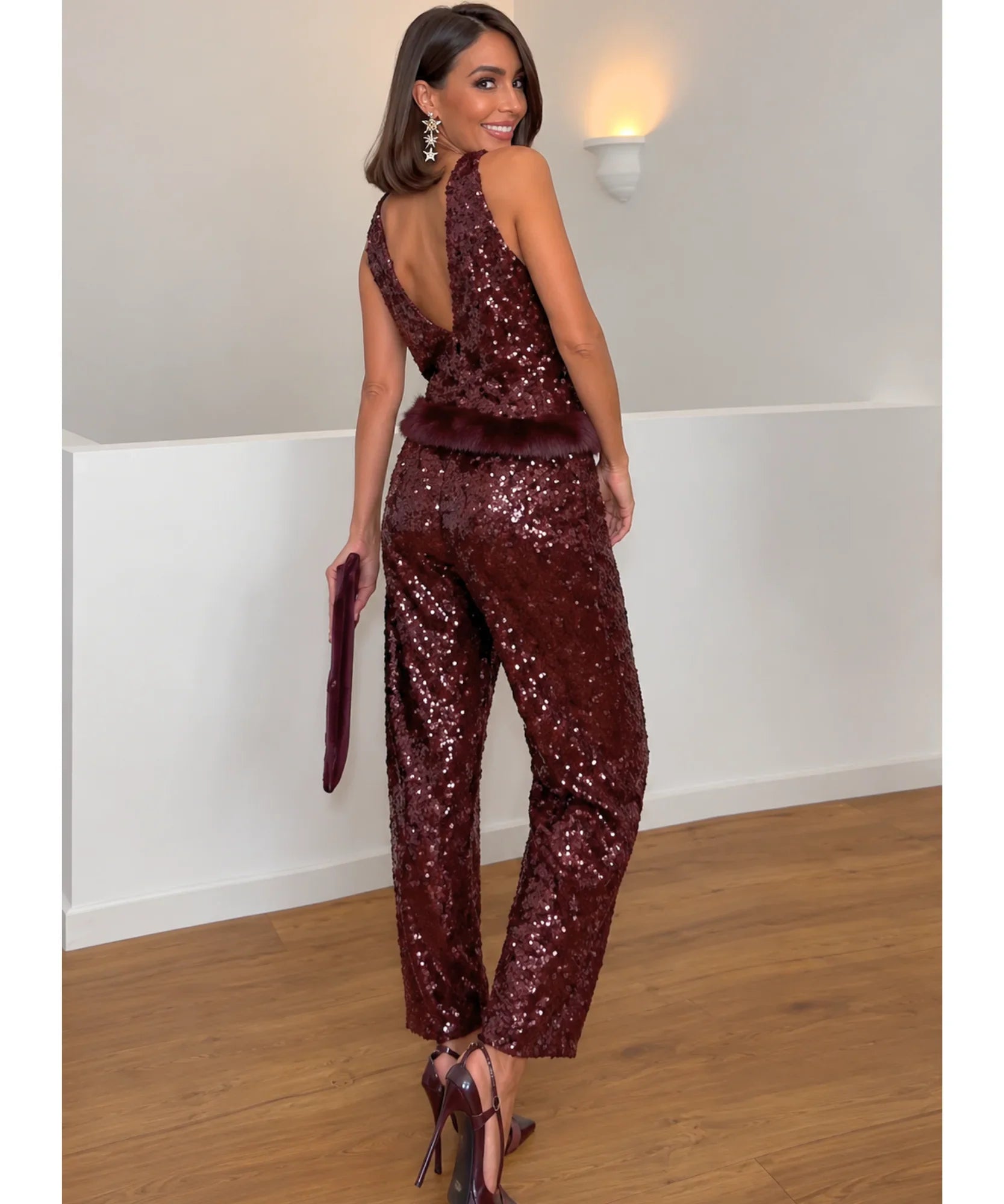 Women's sequin crop top and pants set, front view