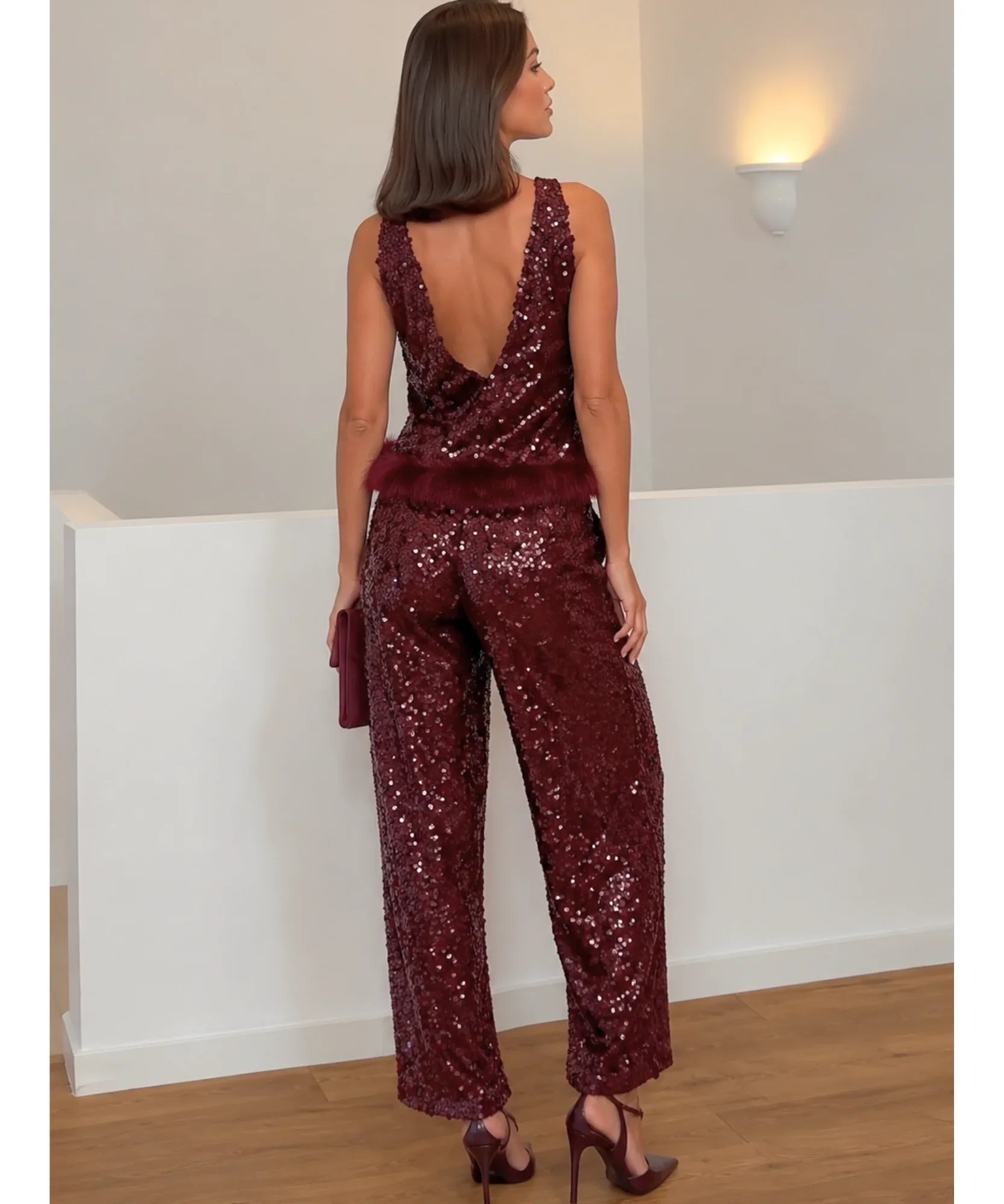 Women's sequin crop top and pants set, close-up detail