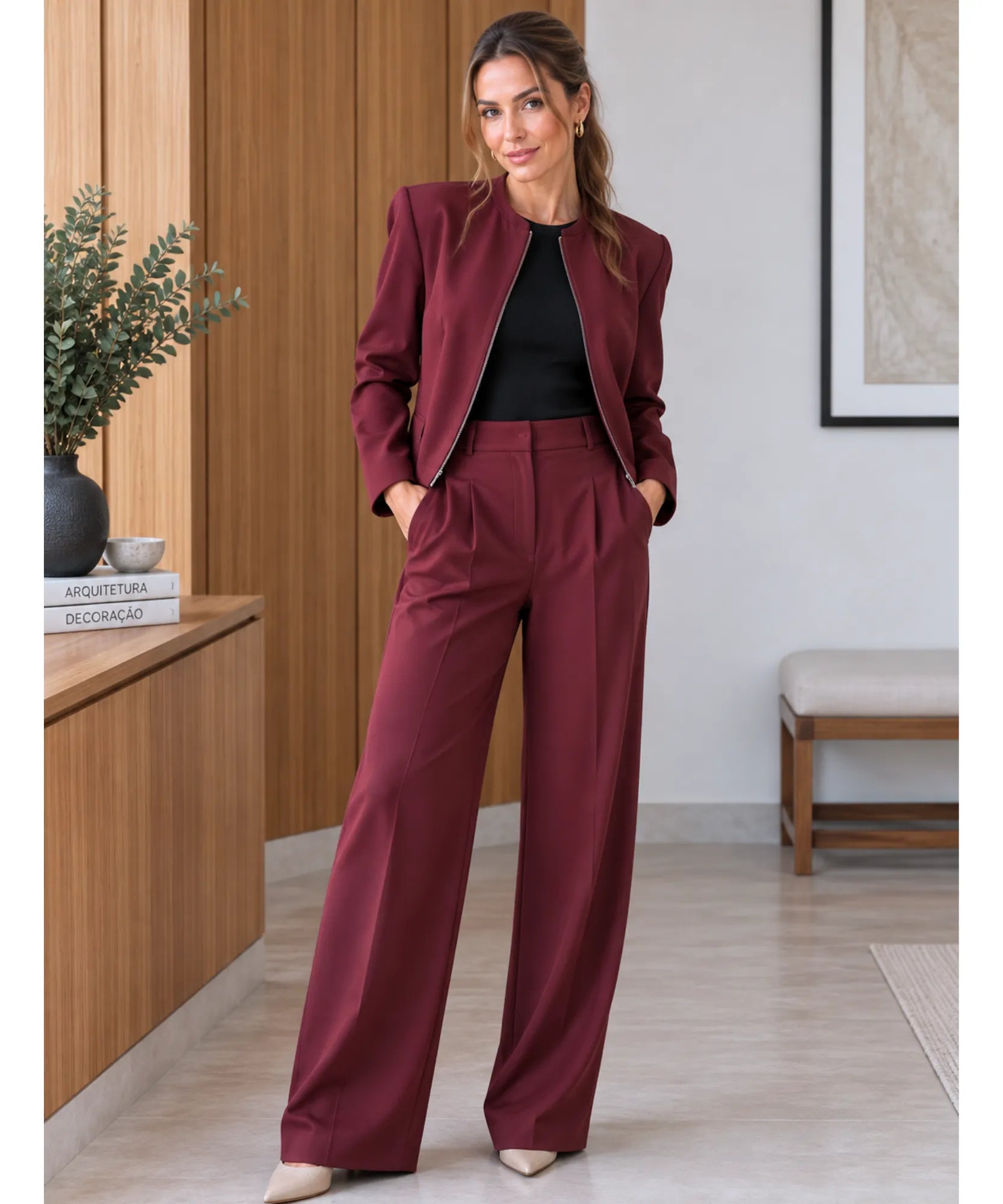 Women's burgundy blazer worn open over a black top