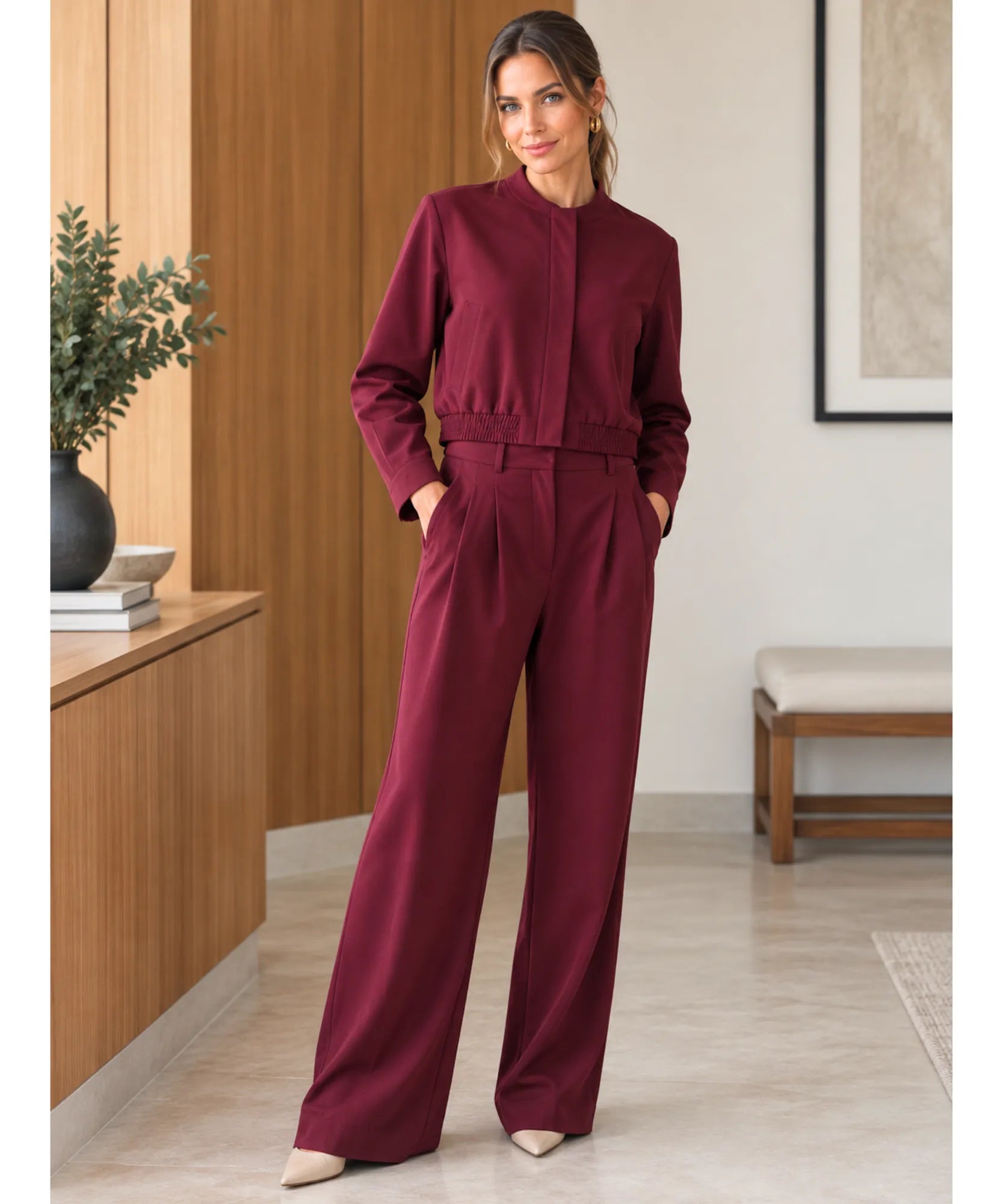 Women's burgundy blazer and wide-leg pants set, jacket zipped