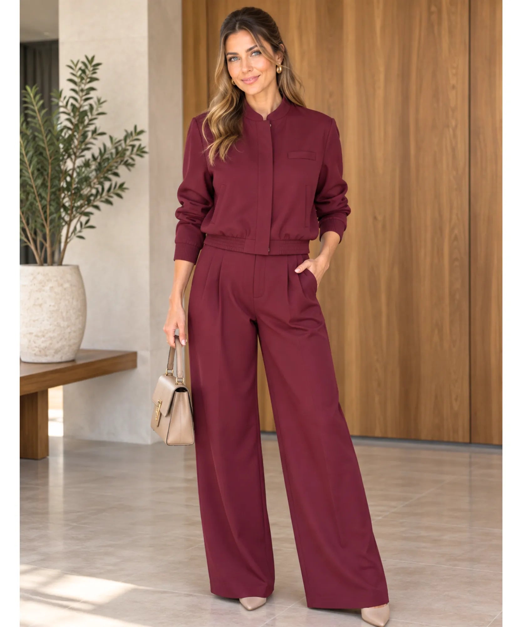 Women's burgundy blazer and wide-leg pants set, full-length view