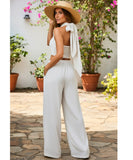 Women's Linen Two Piece Set Halter Crop Top and Wide Leg Pants | Dominic