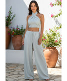 Women's Linen Two Piece Set Halter Crop Top and Wide Leg Pants | Dominic