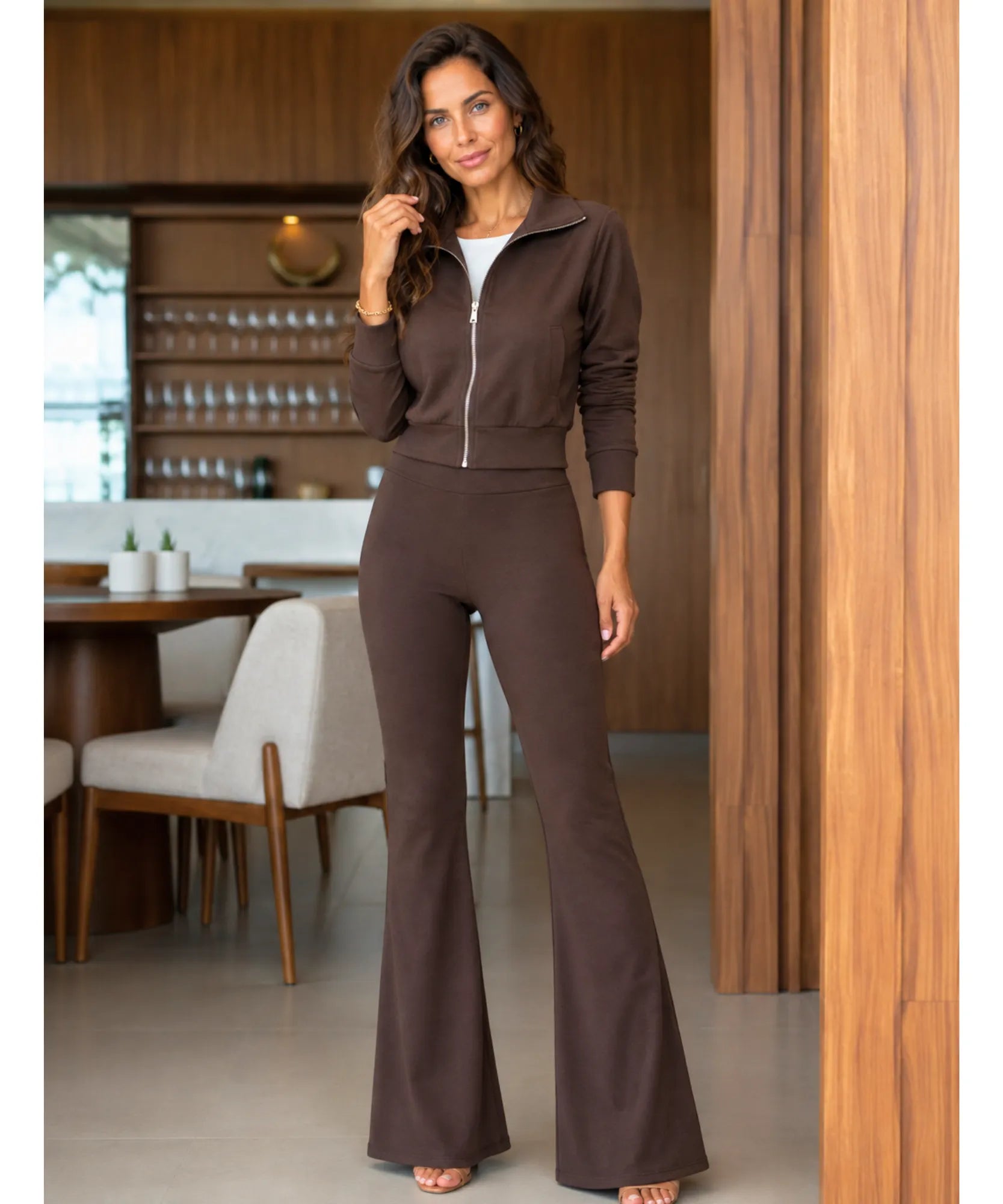 Women's flare sweatpants set in Mocha, styled with a white blouse