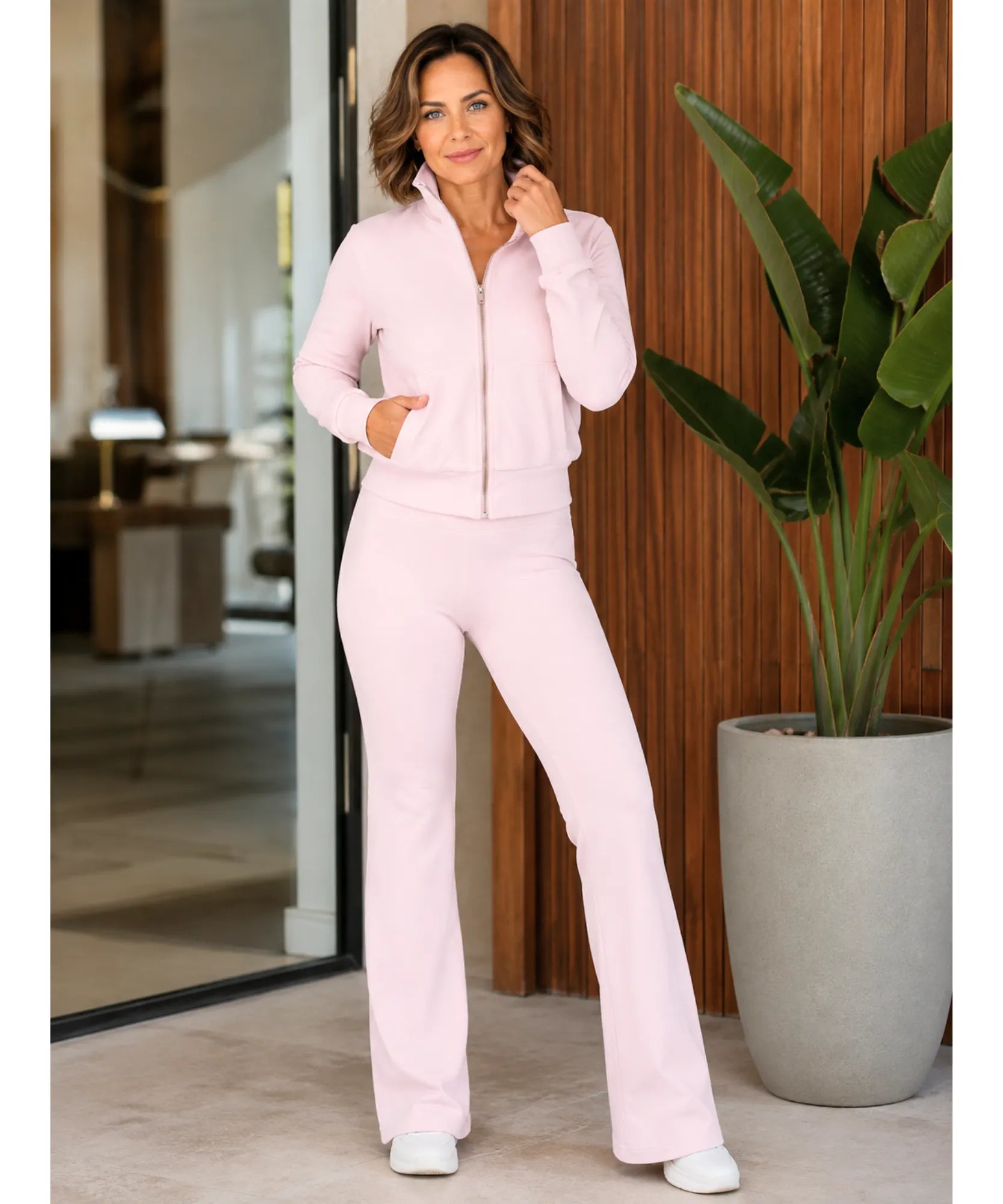 Women's flare sweatpants set in Blush Pink, front view