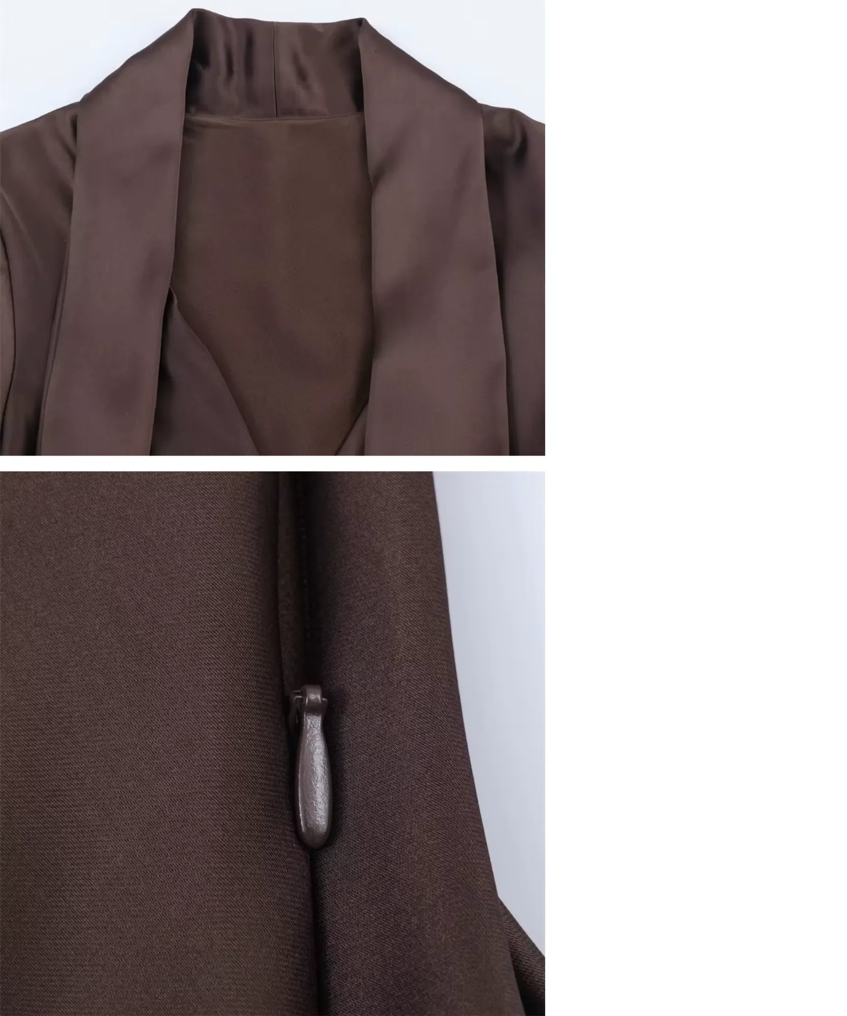 Close-up of the deep V-neck on the tailored pantsuit blazer