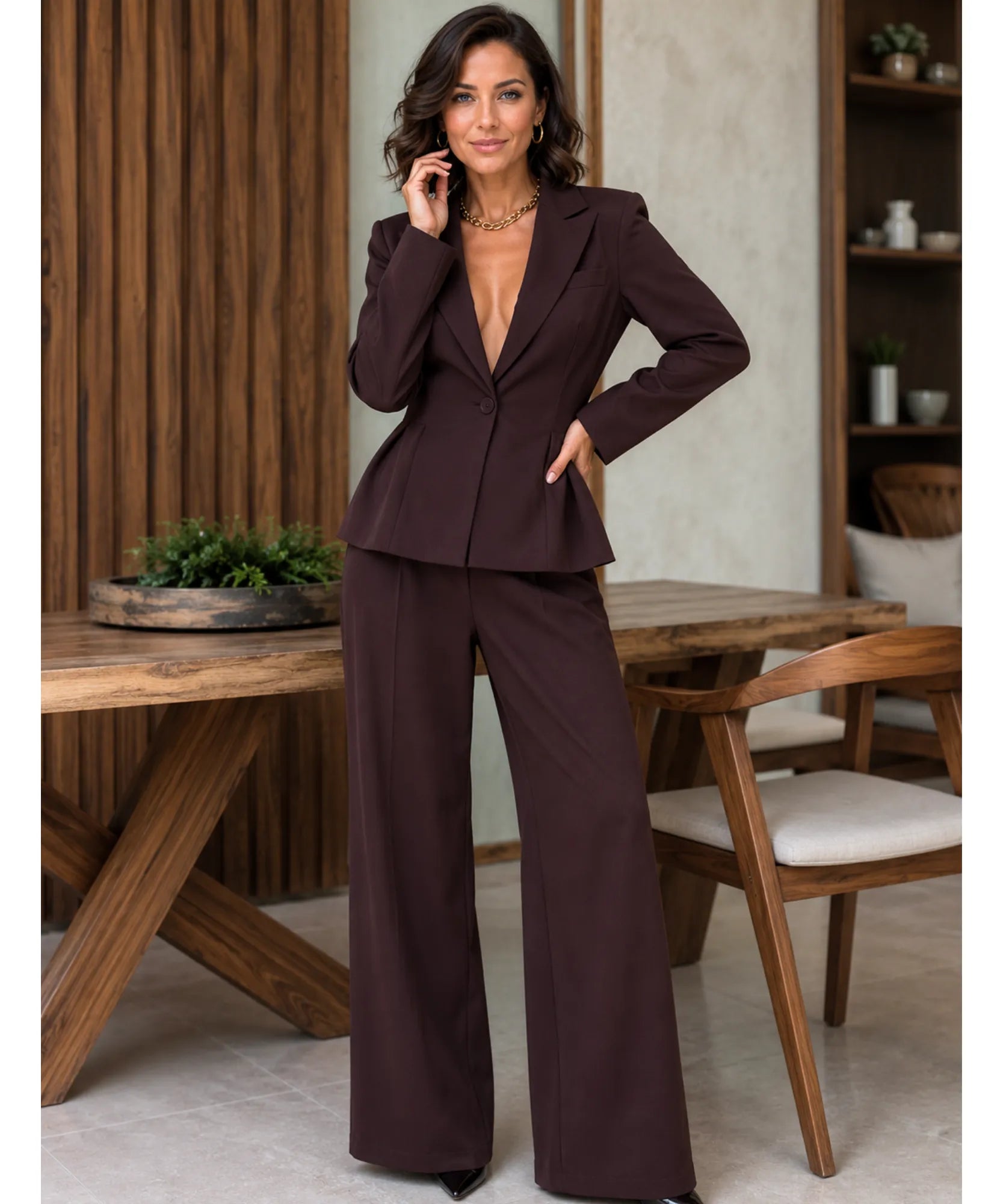 Women's tailored pantsuit, wide-leg trouser detail
