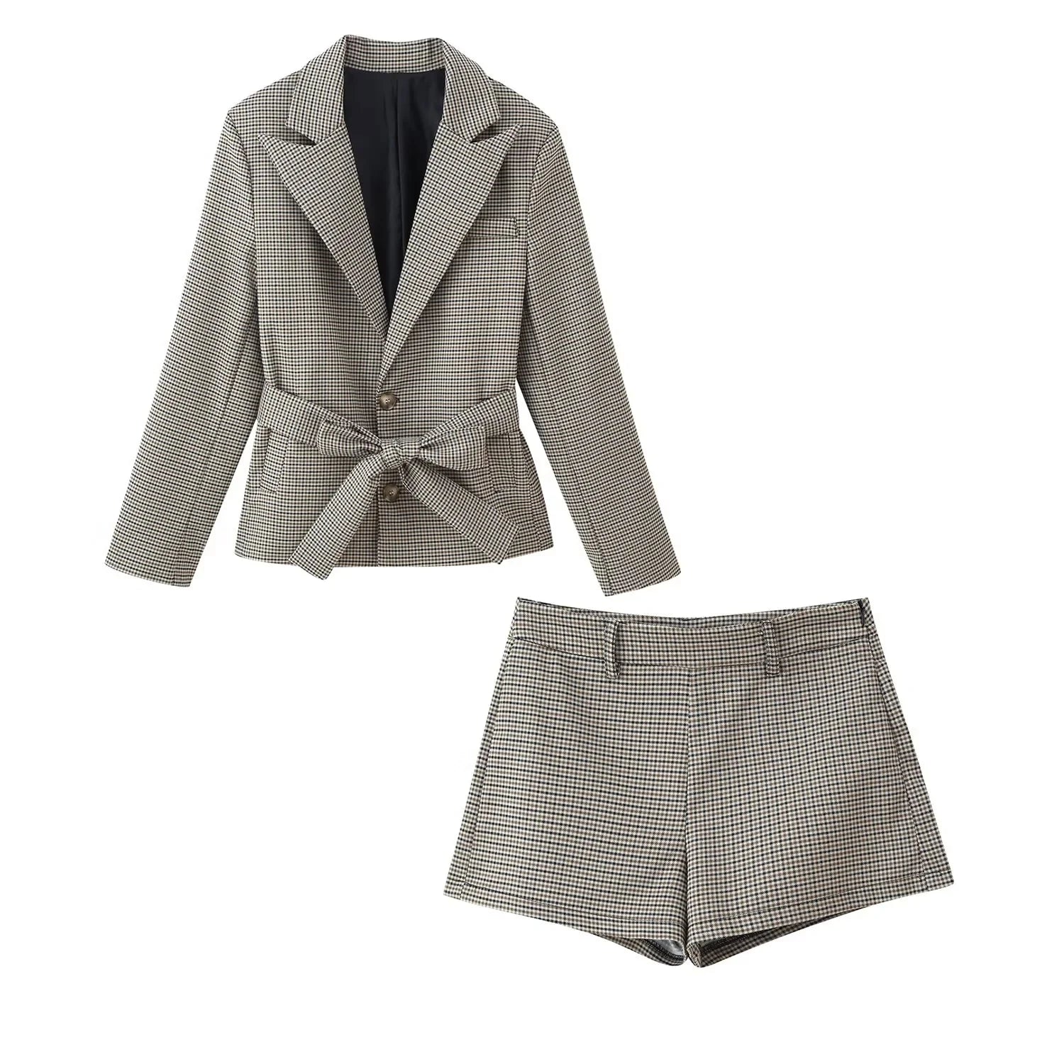 Women's houndstooth blazer and shorts set, brown check detail