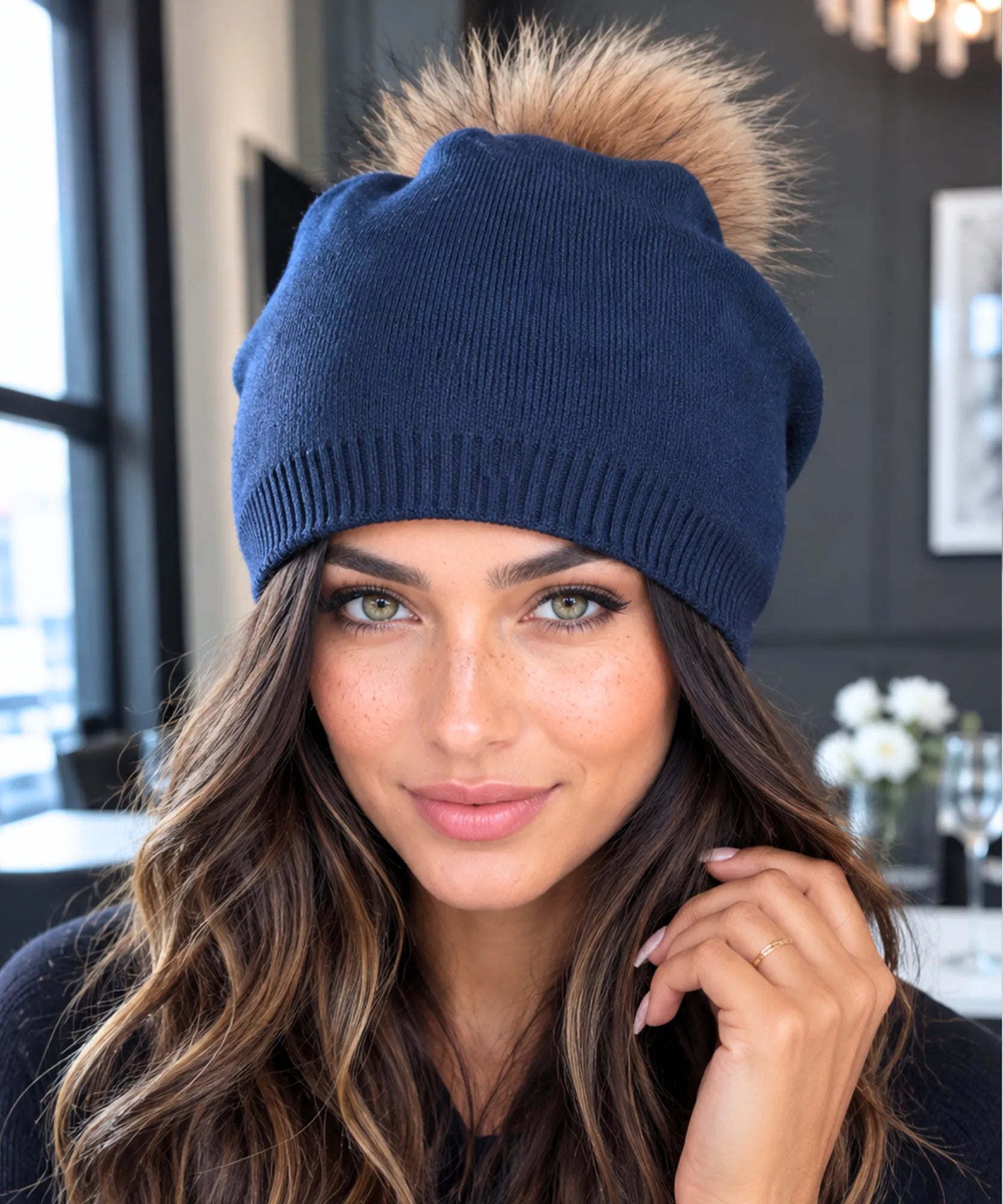 Women's Navy Cashmere-Blend Pom Pom Beanie