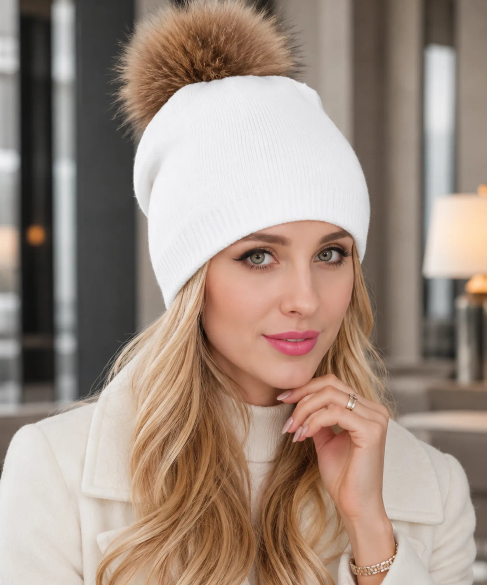 Women's Ivory Cashmere-Blend Pom Pom Beanie