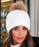 Women's Ivory Cashmere-Blend Pom Pom Beanie