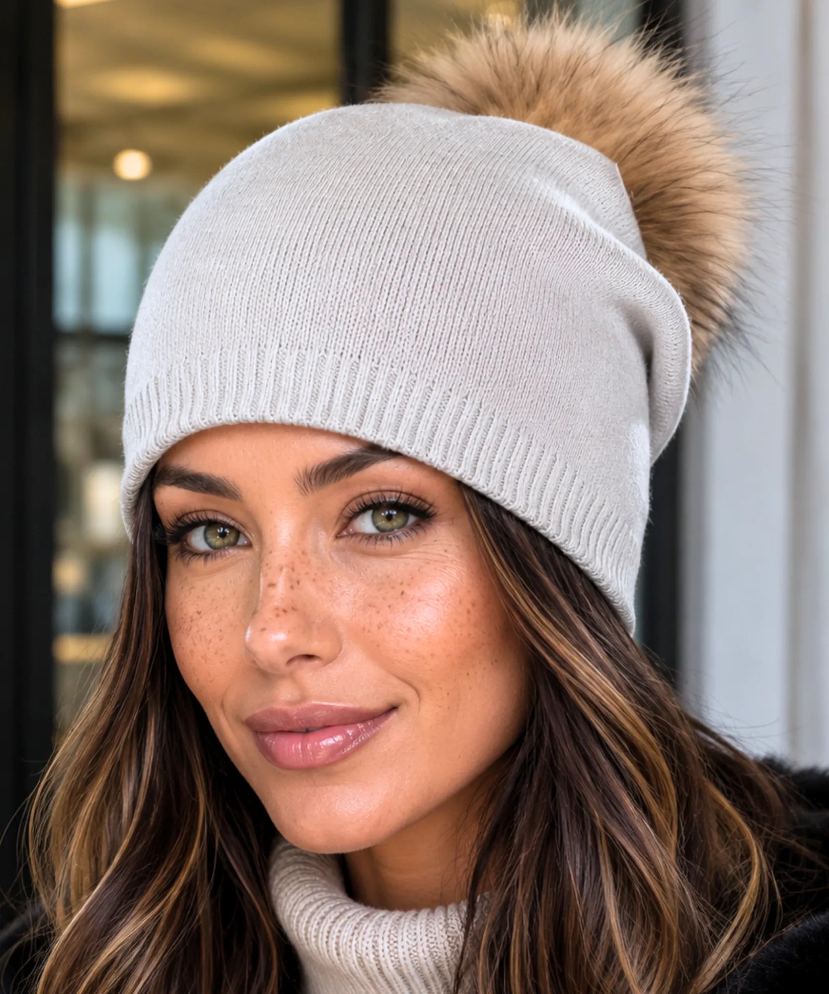 Women's Grey Cashmere-Blend Pom Pom Beanie