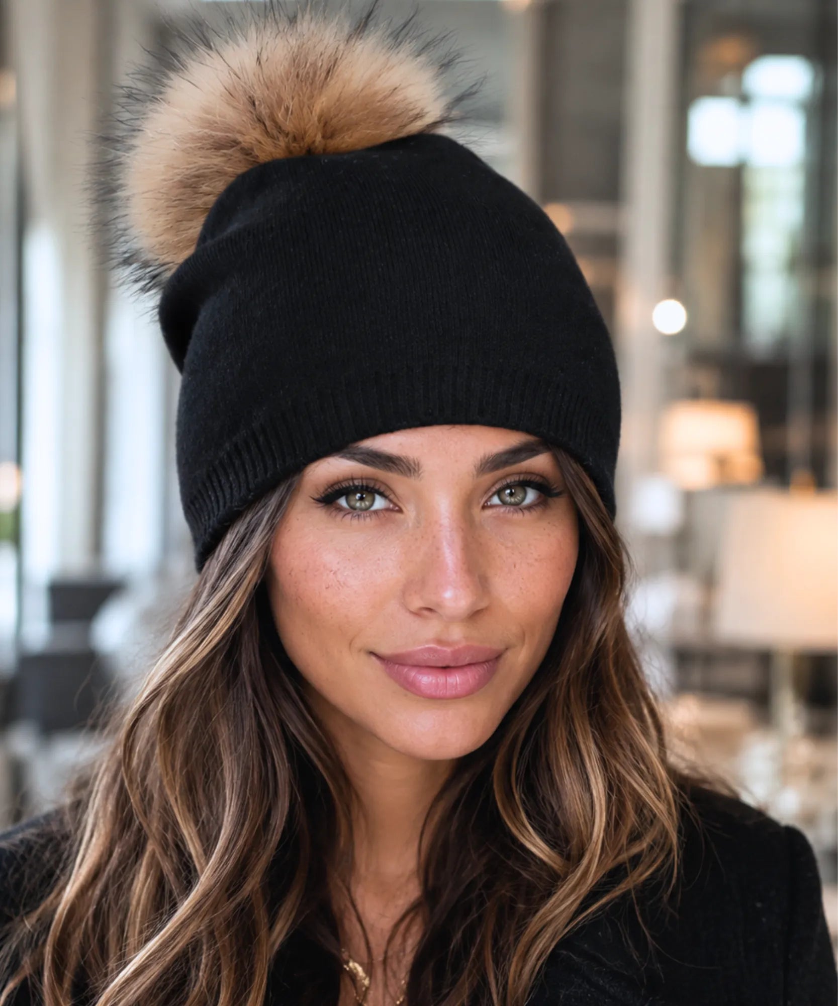 Women's Black Cashmere-Blend Pom Pom Beanie
