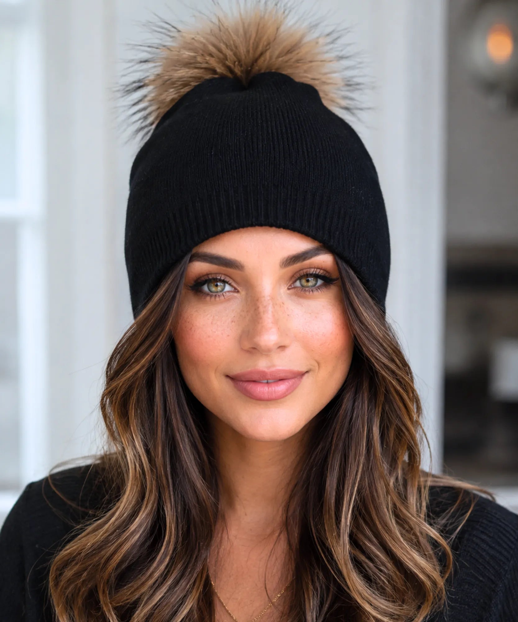 Women's Black Cashmere-Blend Pom Pom Beanie