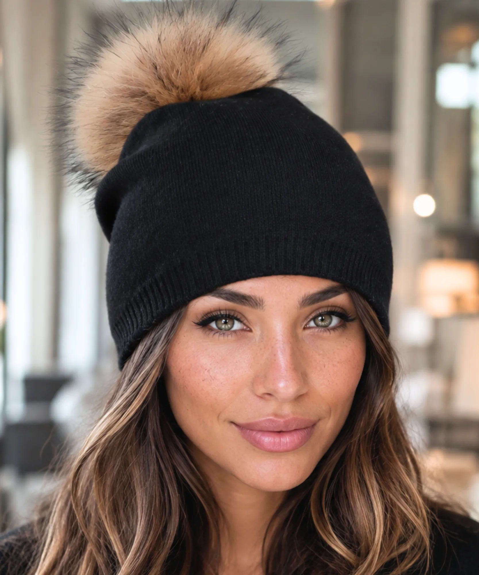 Women's Black Cashmere-Blend Pom Pom Beanie