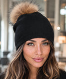 Women's Black Cashmere-Blend Pom Pom Beanie