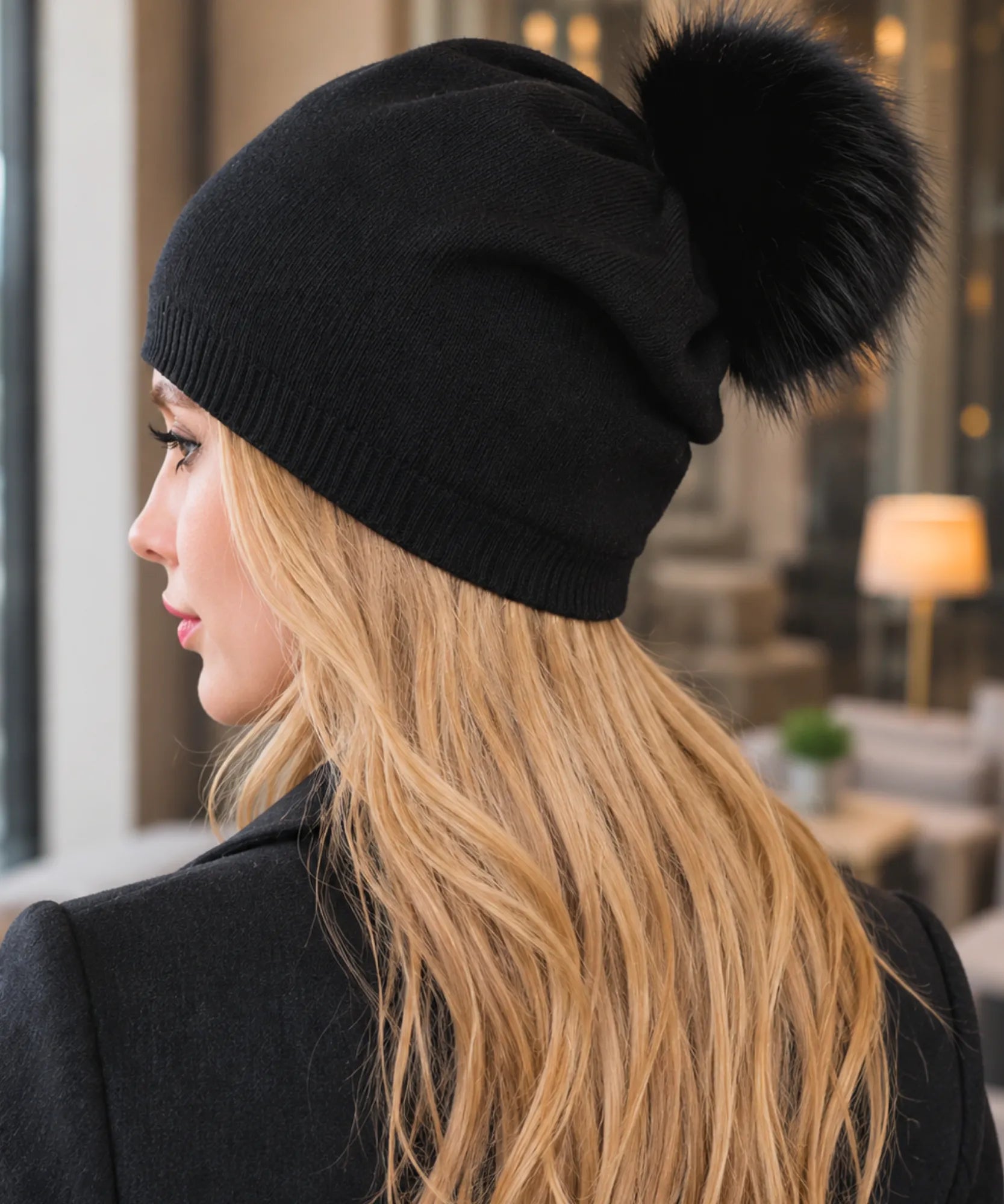 Women's Black Cashmere-Blend Pom Pom Beanie