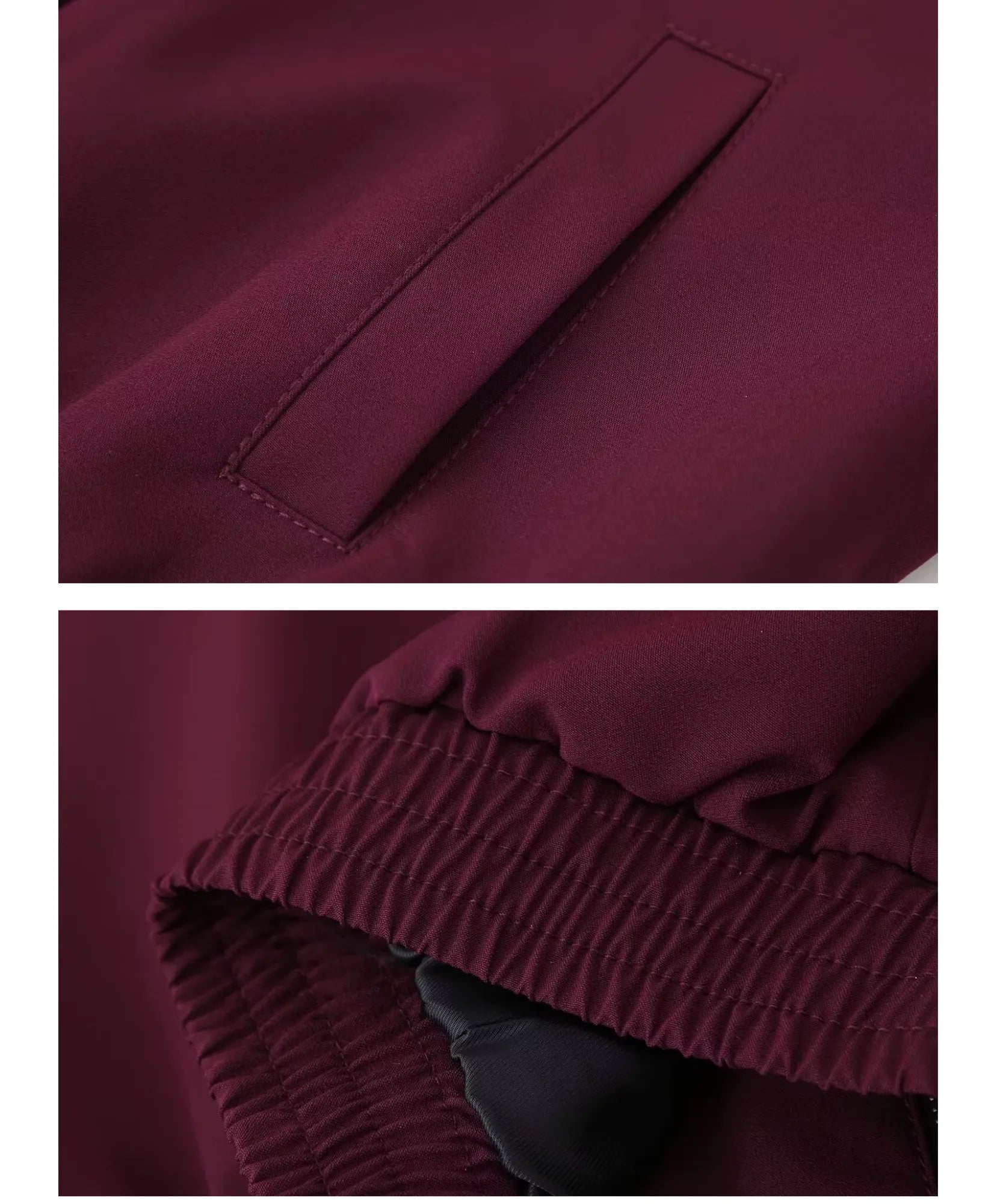 Close-up of the zip-front blazer in the burgundy pants set