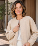 Front view of the cropped wool bomber jacket in olive green