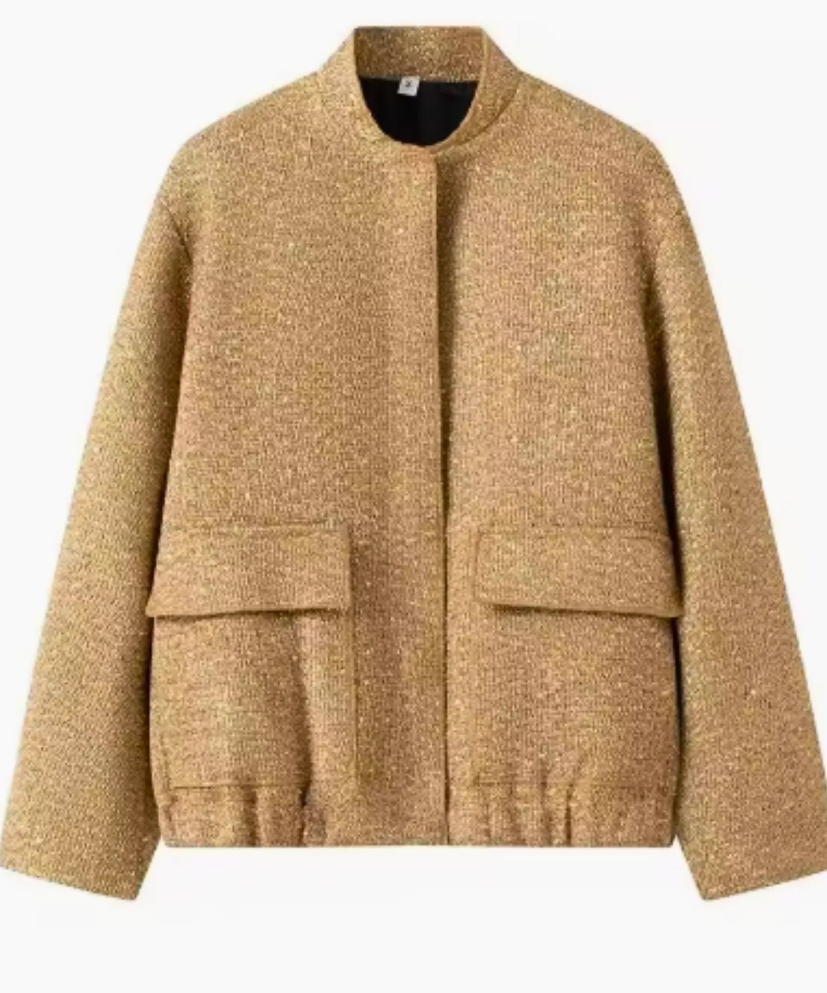 Women's gold sequin bomber jacket, close-up of sequin detail