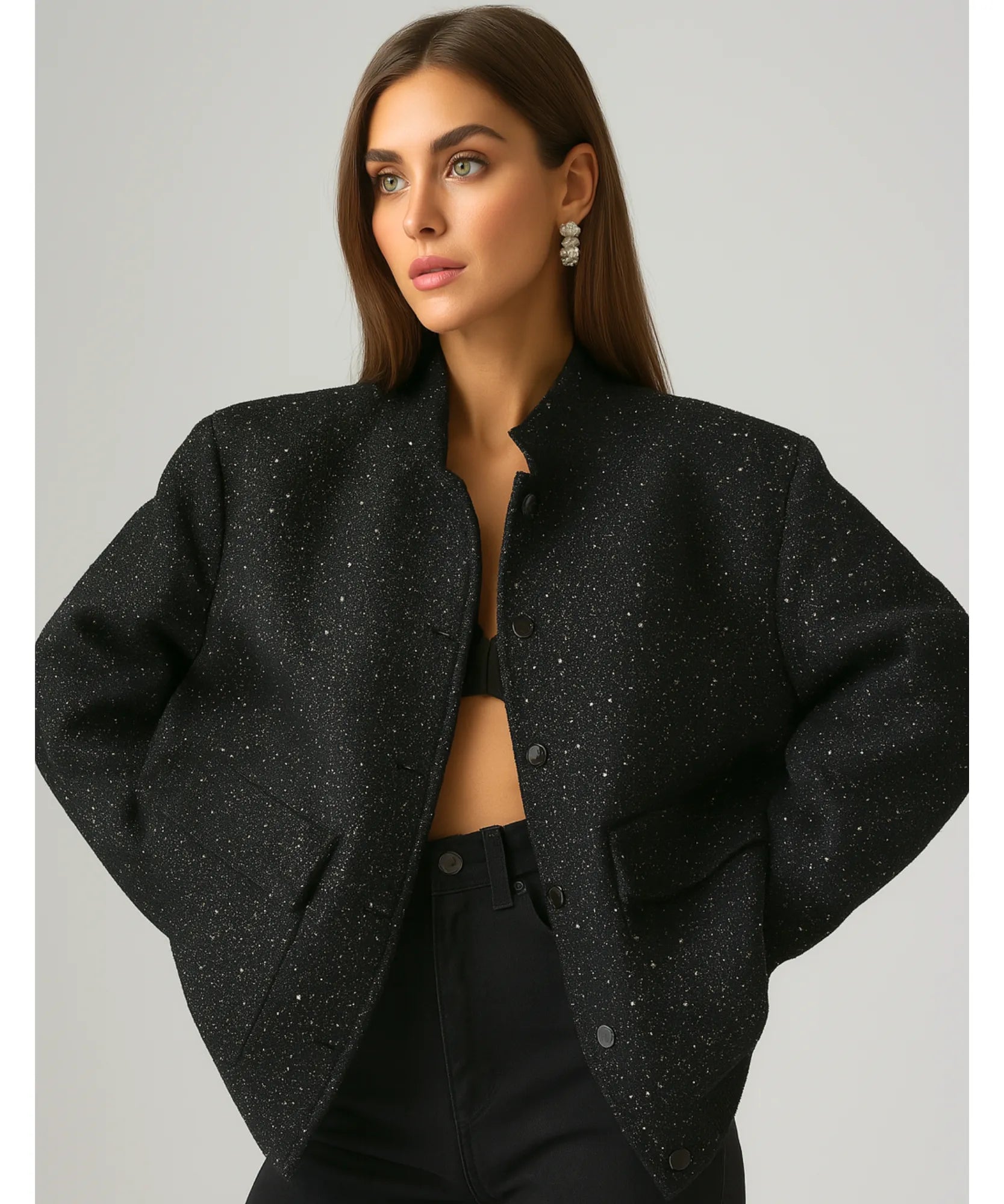 Women's black sequin bomber jacket, back view