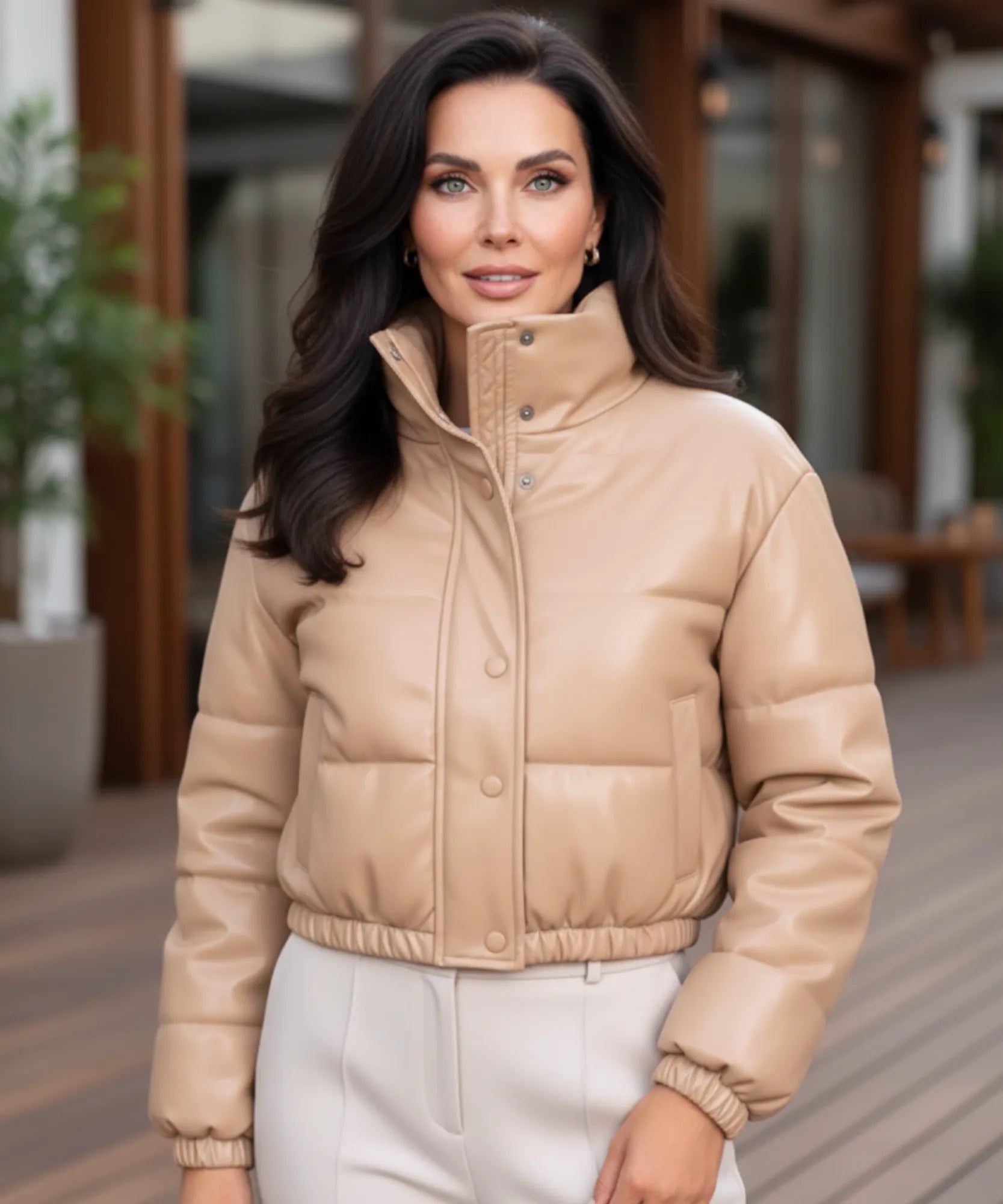 Women's cropped vegan leather puffer bomber jacket in beige