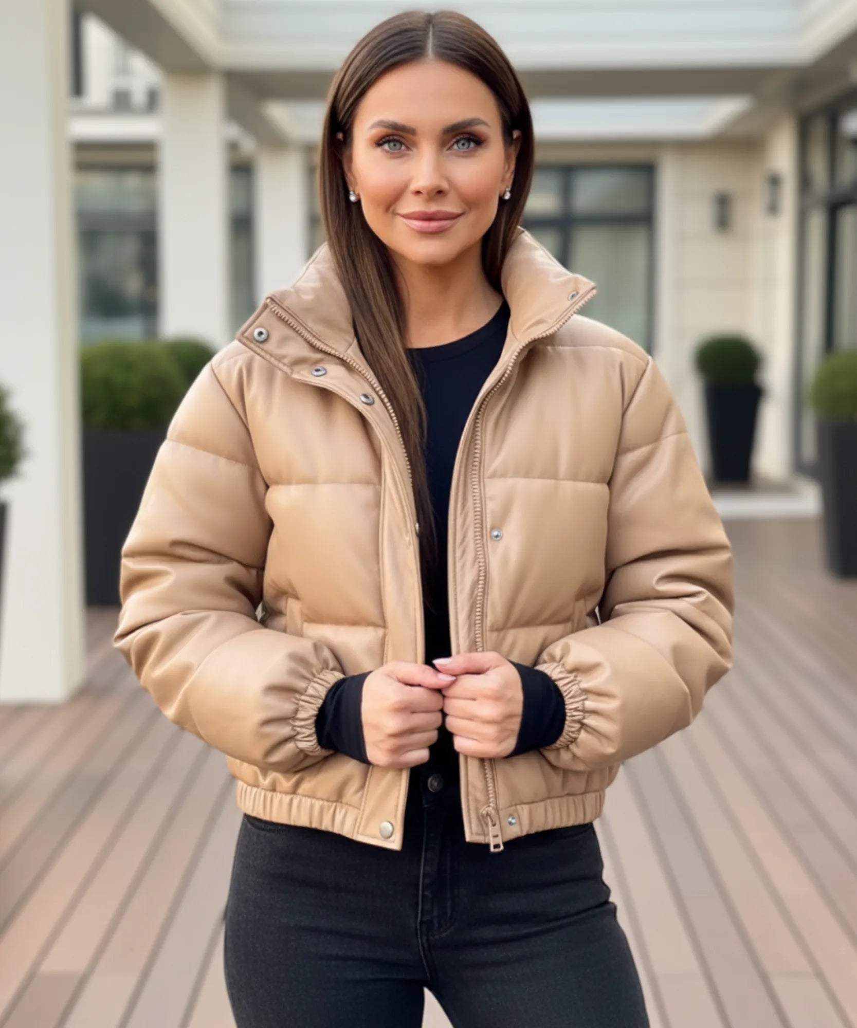 Women's cropped vegan leather puffer bomber jacket in beige