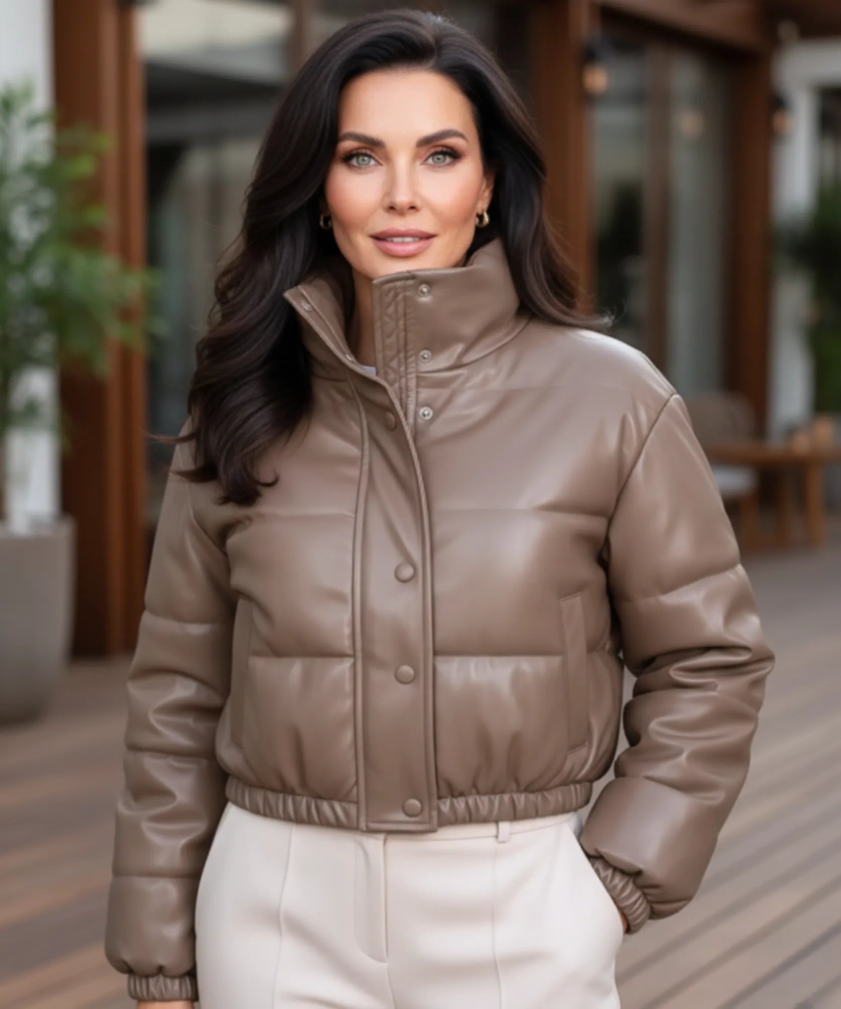 Women's cropped vegan leather puffer bomber jacket in cognac