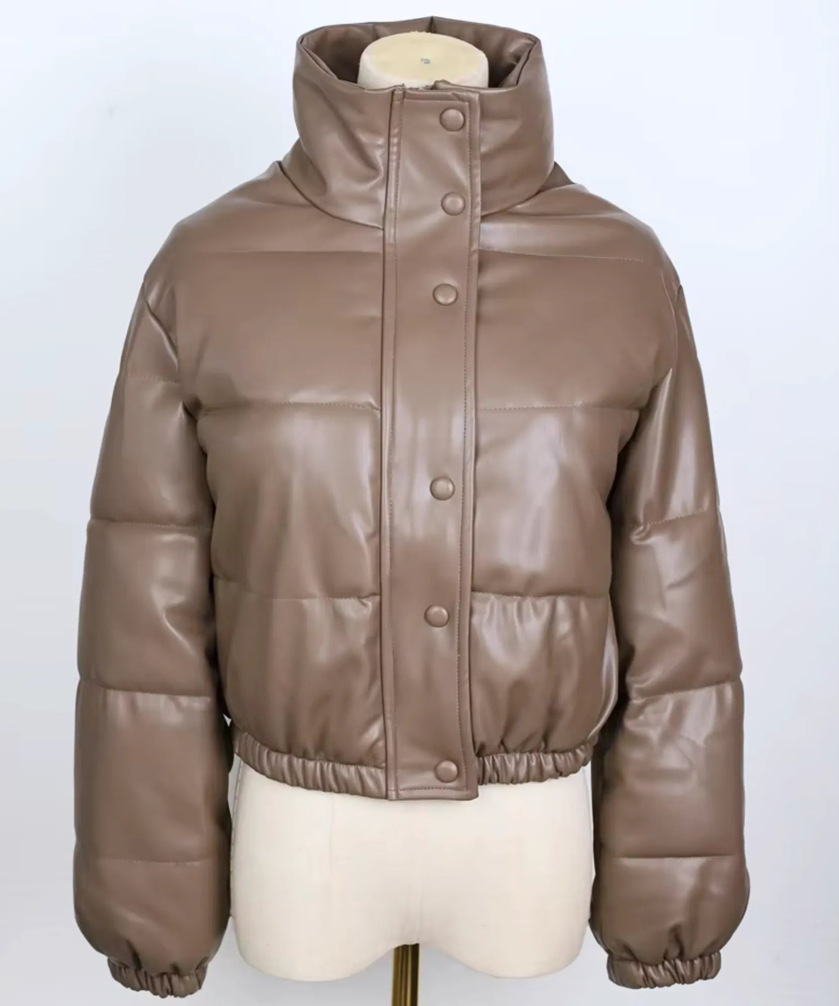 Women's cropped vegan leather puffer bomber jacket in cognac