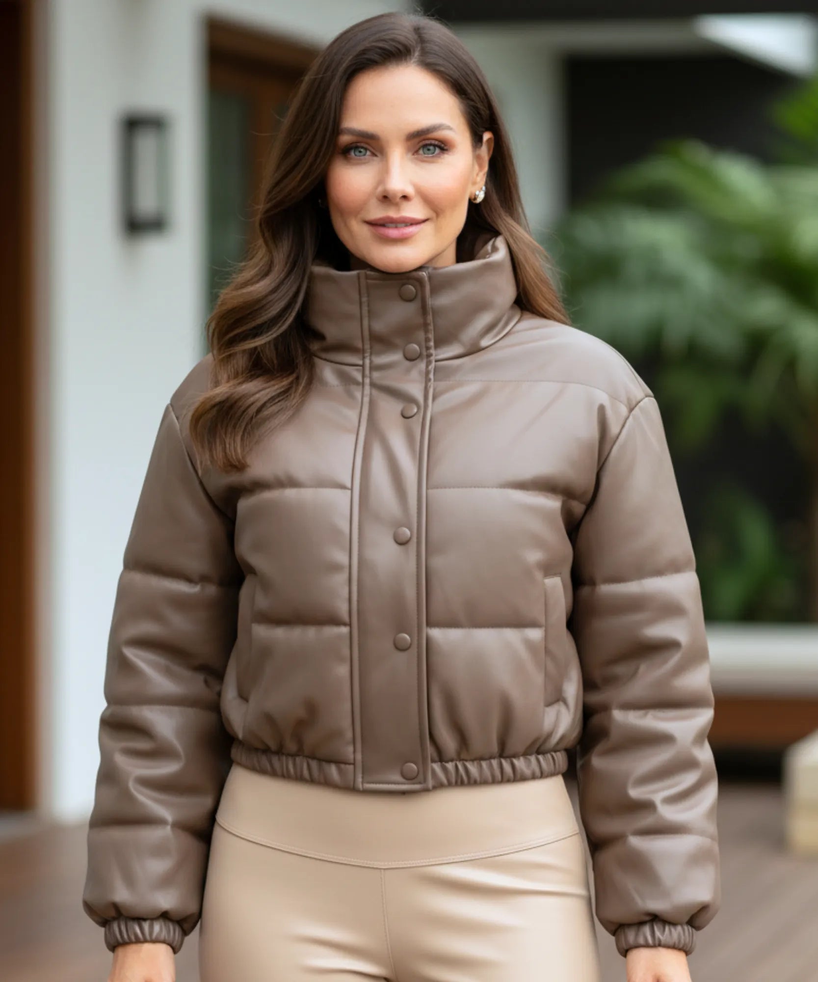 Women's cropped vegan leather puffer bomber jacket in cognac