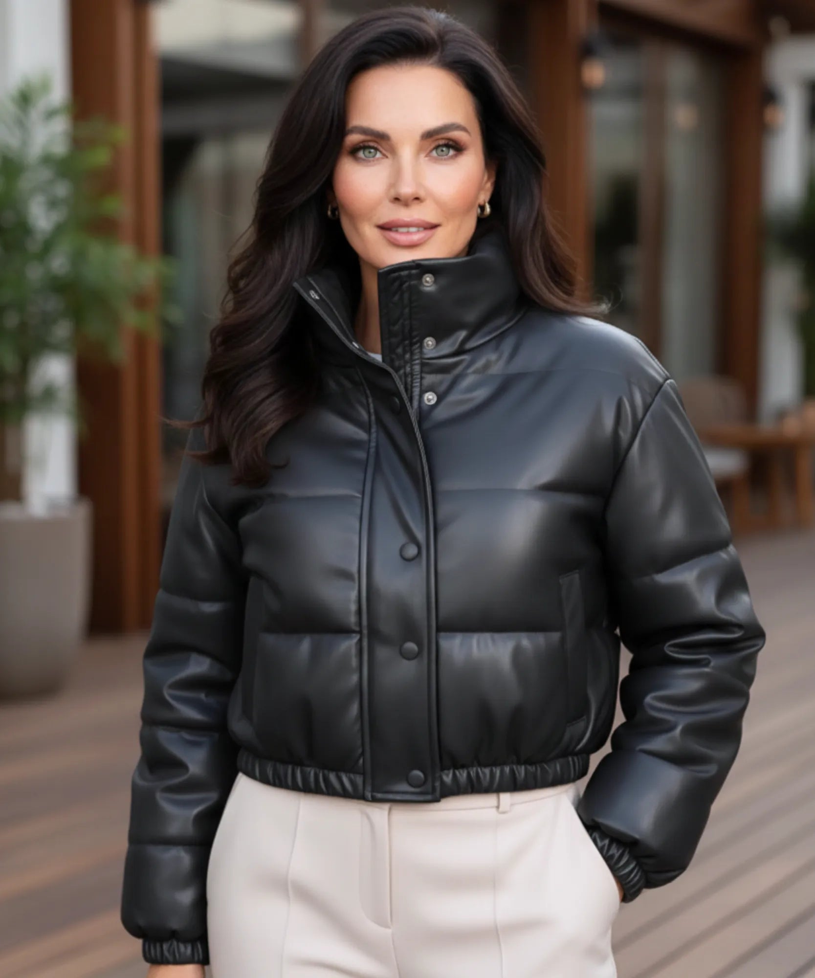 Women's cropped vegan leather puffer bomber jacket in black