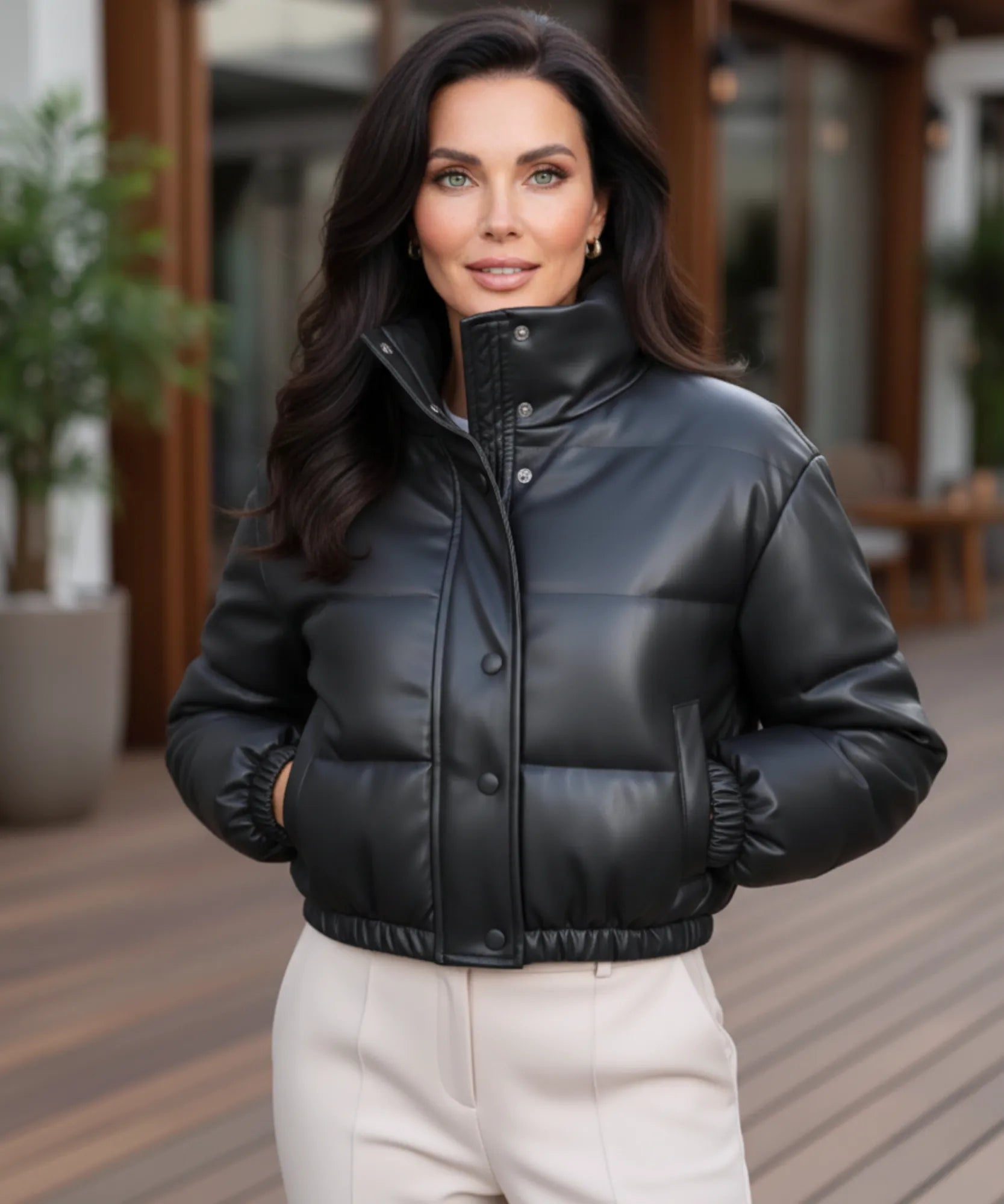 Women's cropped vegan leather puffer bomber jacket in black