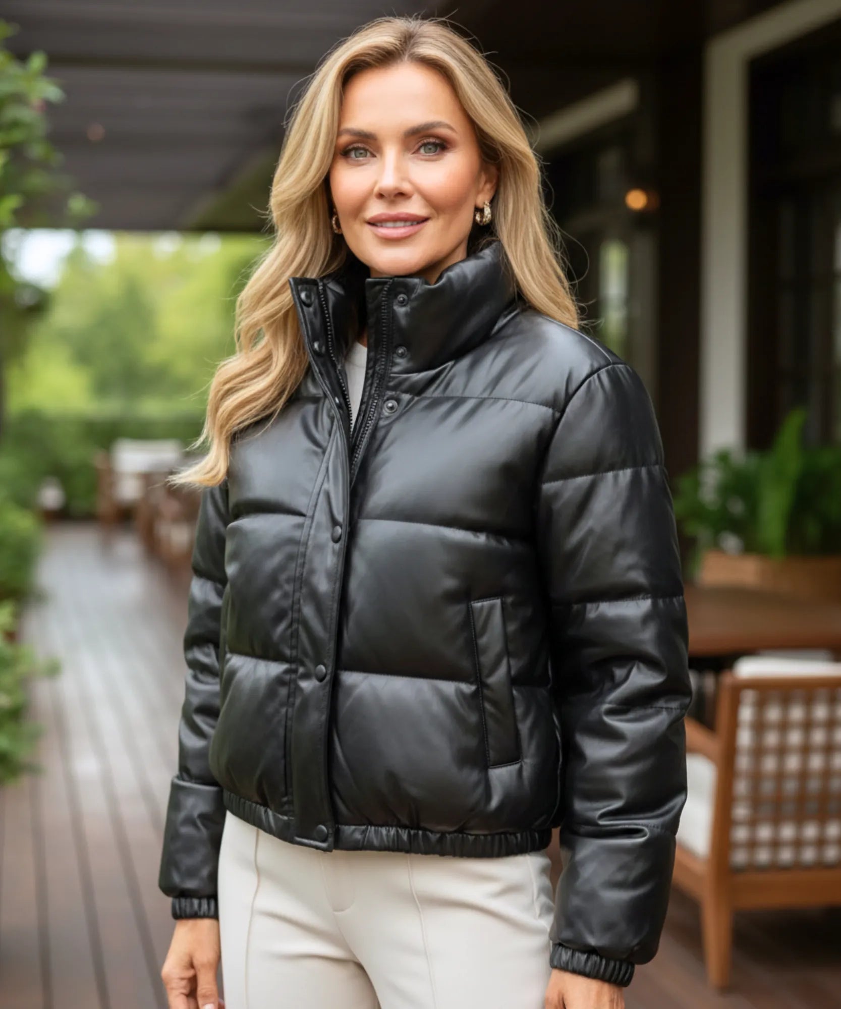 Women's cropped vegan leather puffer bomber jacket in black