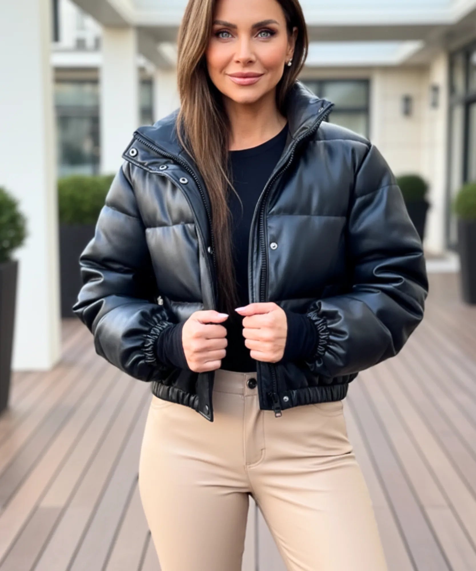 Women's cropped vegan leather puffer bomber jacket in black