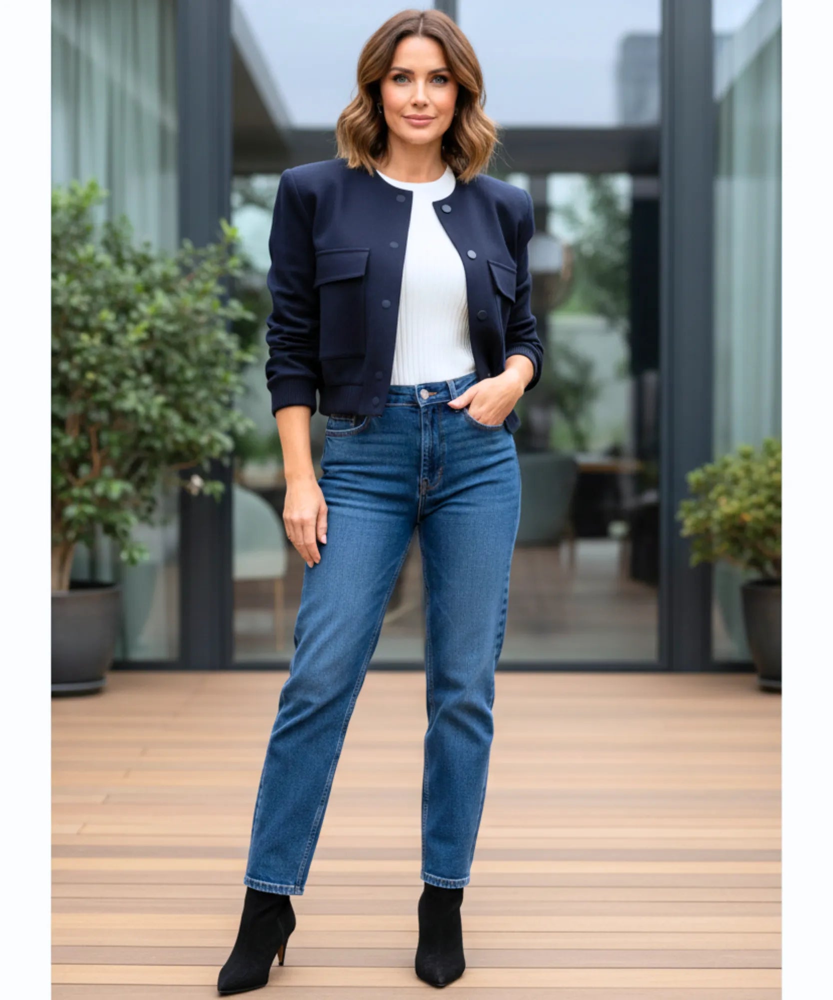 Women's cotton twill bomber jacket in cobalt blue